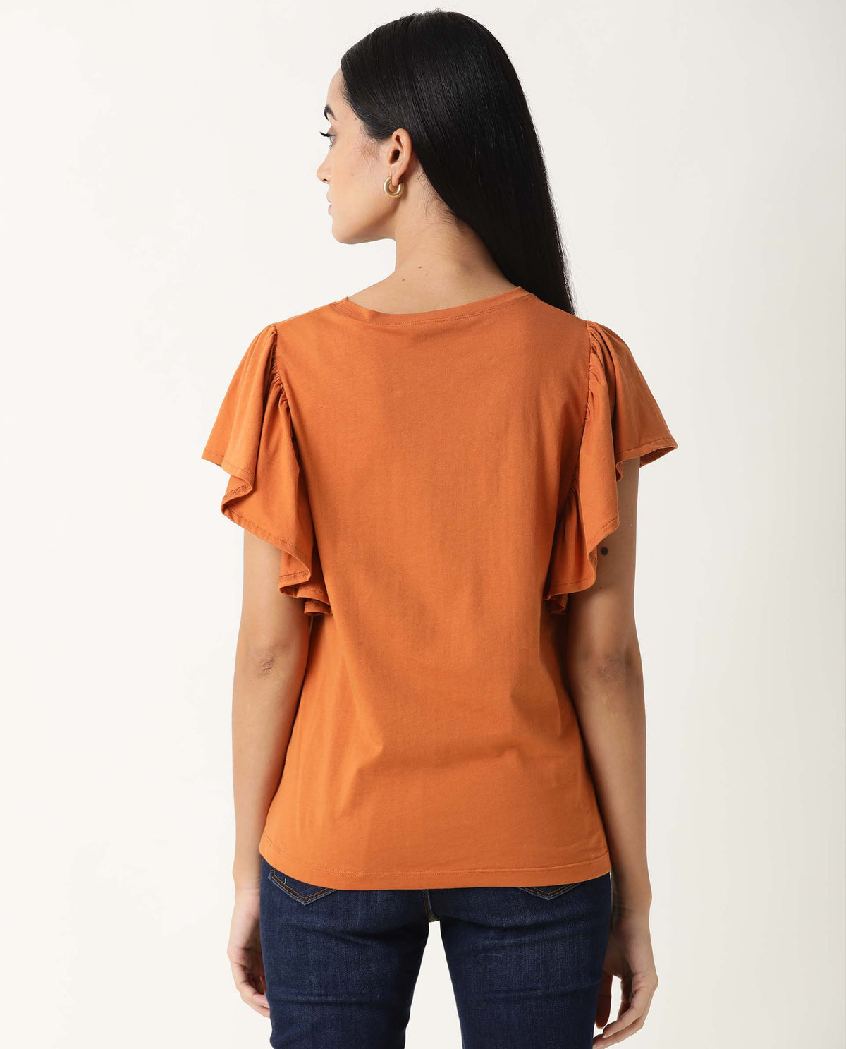 Rareism Womens Yatch Orange Top Cotton Fabric Regular Fit Ruffled Sleeves Crew Neck