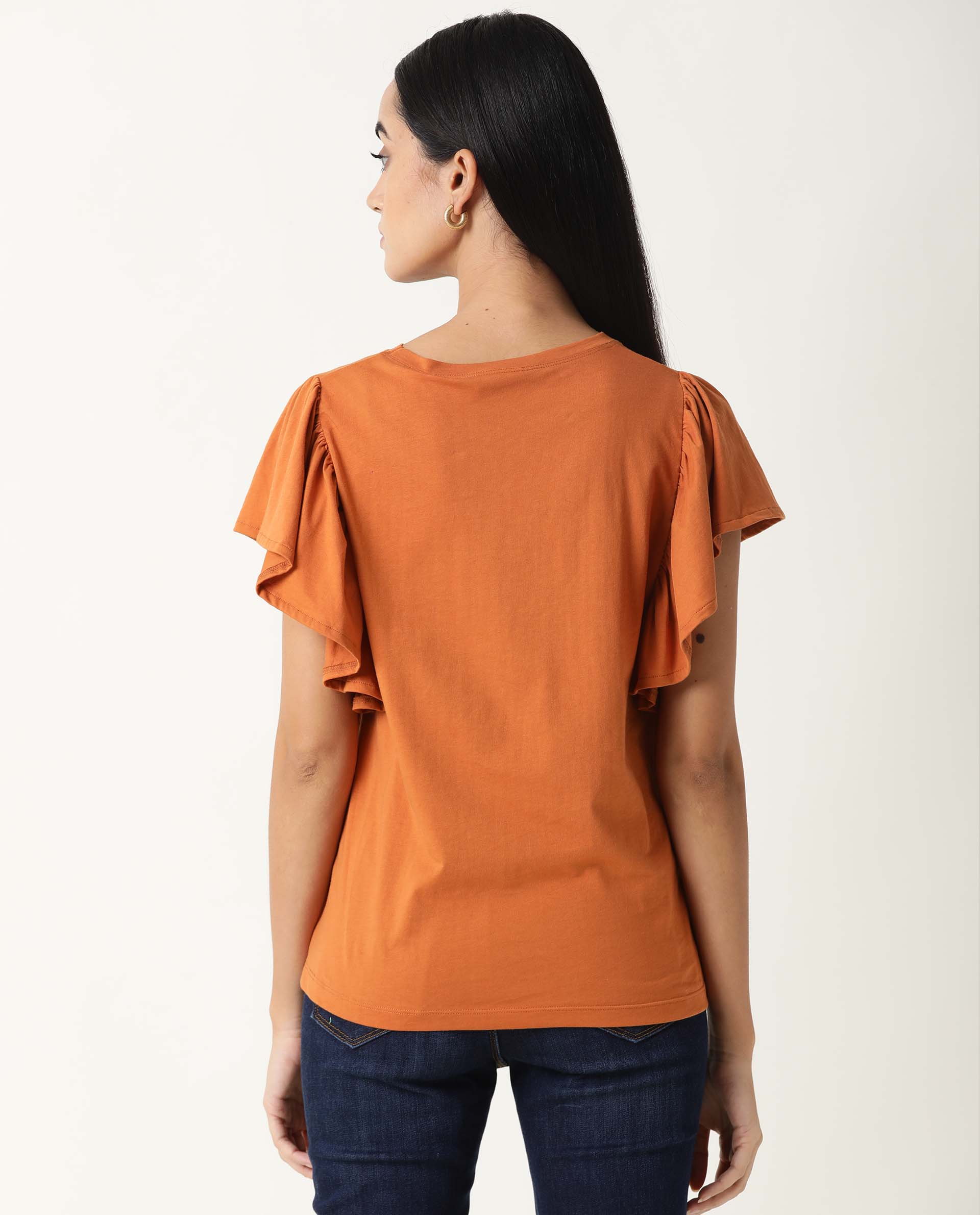 Rareism Womens Yatch Orange Top Cotton Fabric Regular Fit Ruffled Sleeves Crew Neck