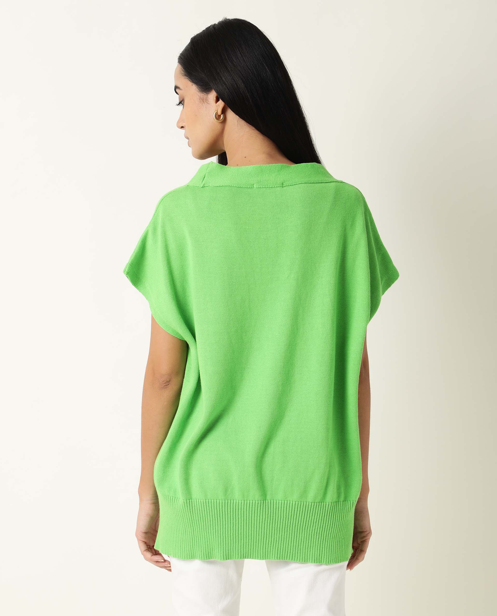 Rareism Women's Pave Lime Cotton V-Neck Plain Extended Sleeves Regular Fit Sweater