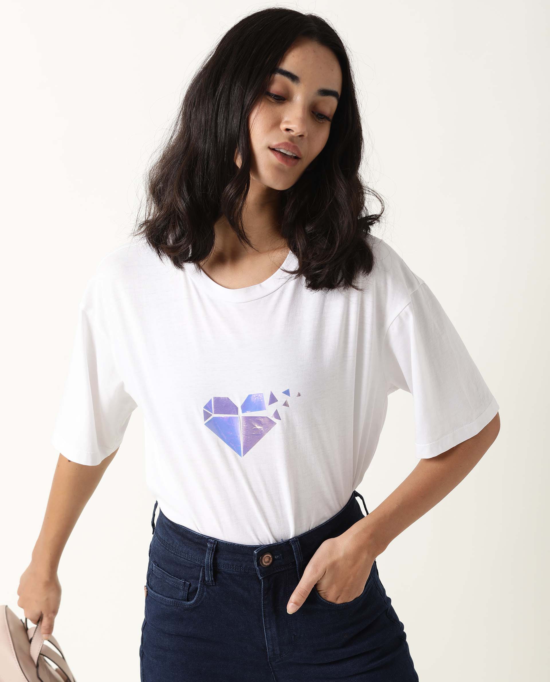 Rareism Womens Nat White T-Shirt Cotton Fabric Regular Fit Half Sleeve Round Neck