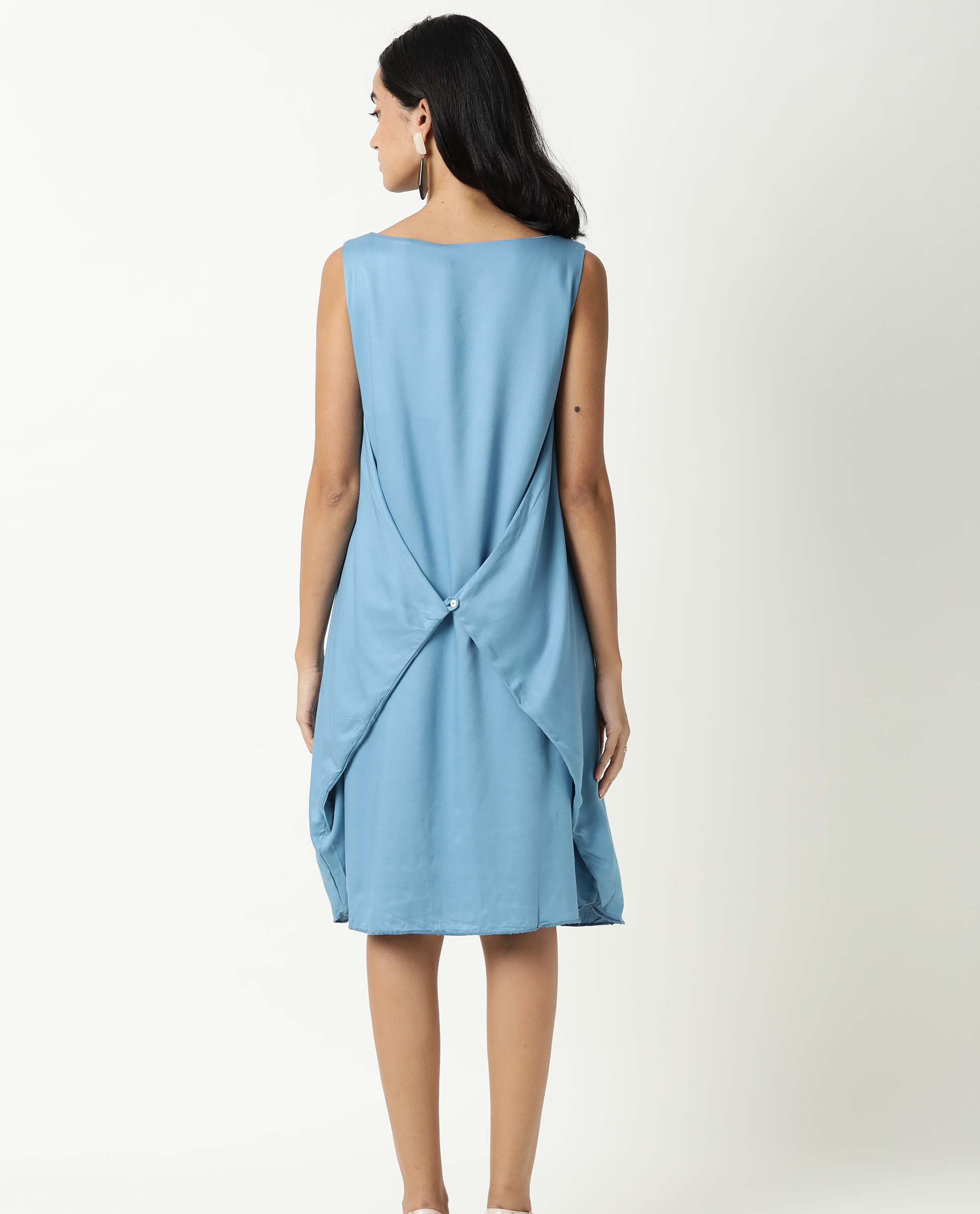 Rareism Women's Clenzo Blue Tencel Crew Neck Plain Sleeveless Knee Length Regular Fit Dress