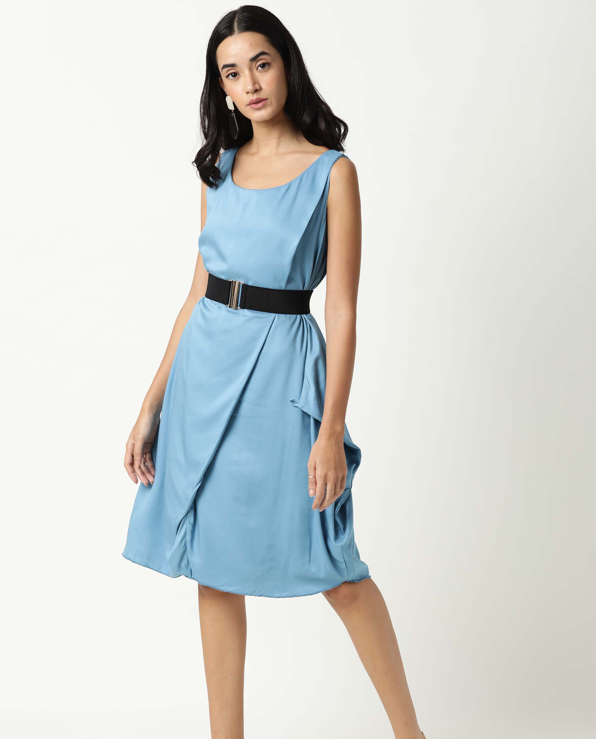 Rareism Women's Clenzo Blue Tencel Crew Neck Plain Sleeveless Knee Length Regular Fit Dress