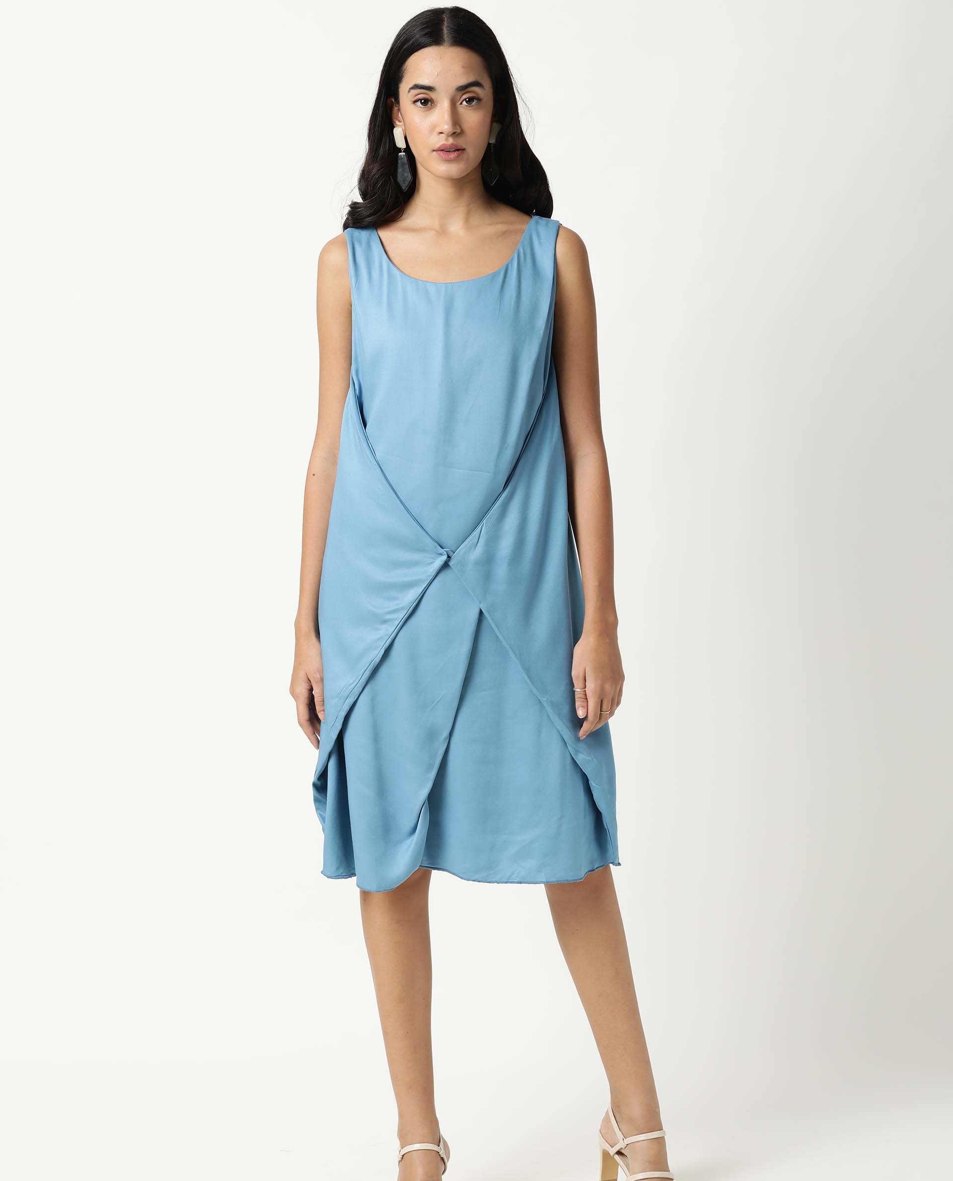 Rareism Women's Clenzo Blue Tencel Crew Neck Plain Sleeveless Knee Length Regular Fit Dress