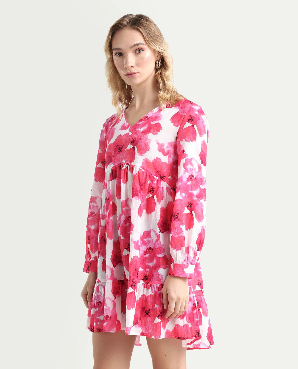 Rareism Women's Valan Pink Cotton V-Neck Floral Print Mini Fit And Flare Dress