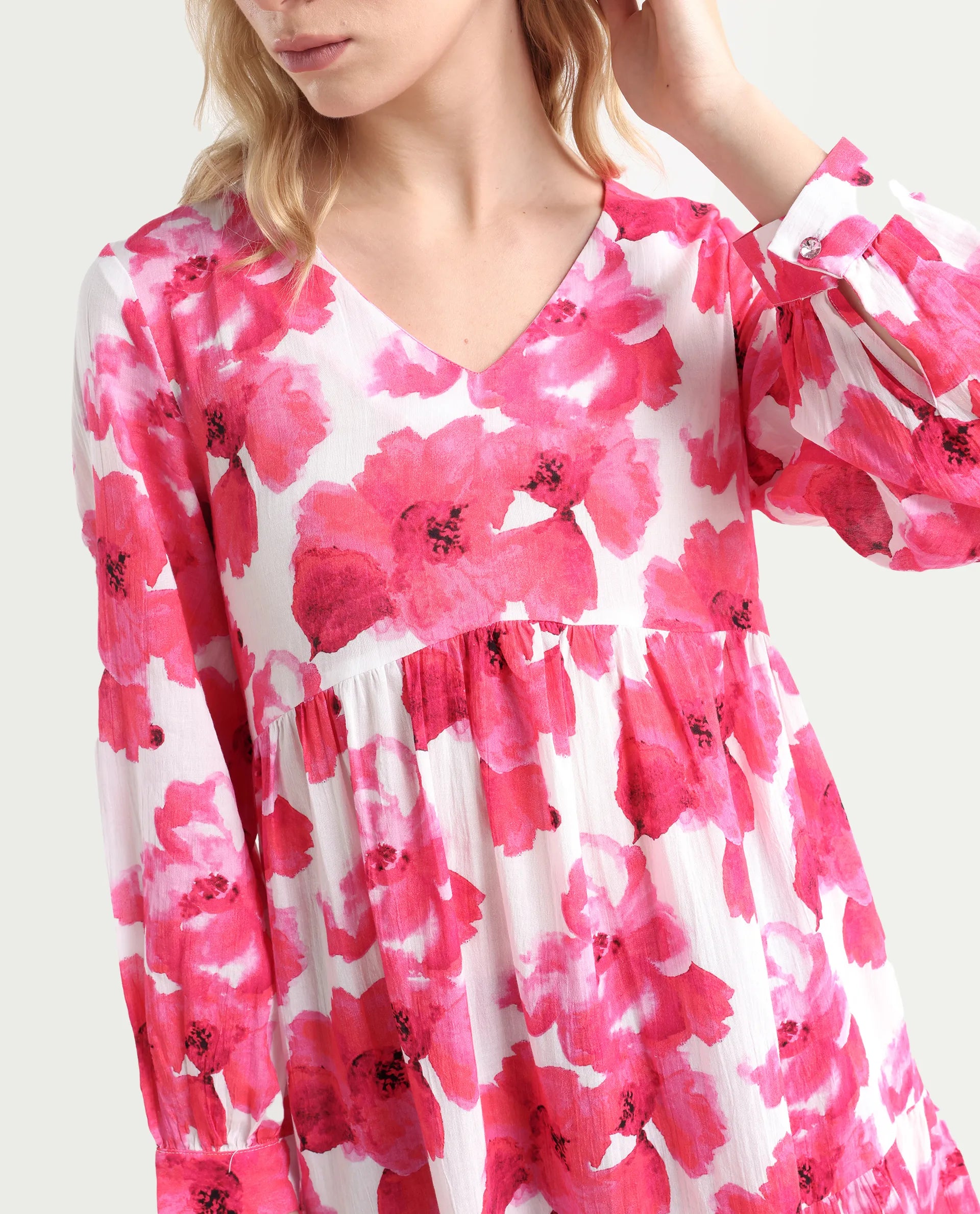Rareism Women's Valan Pink Cotton V-Neck Floral Print Mini Fit And Flare Dress