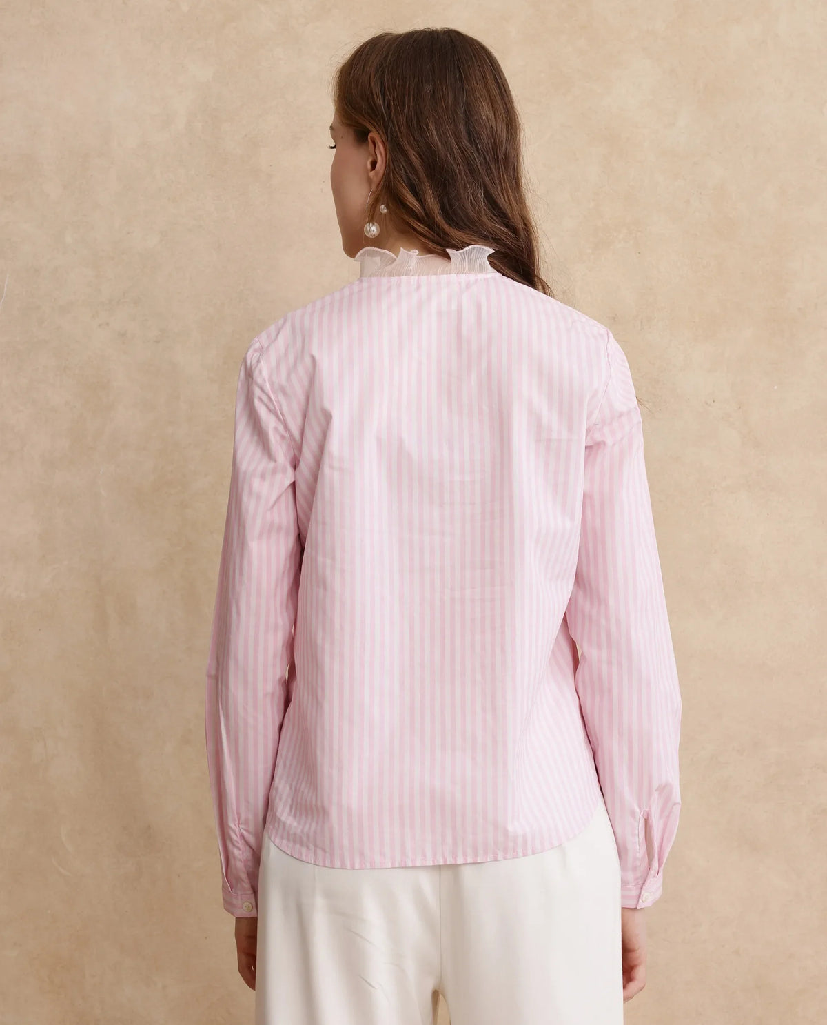 Rareism Women Valencienne Light Pink Cuffed Sleeve Ruffled Neck Regular Fit Striped Shirt