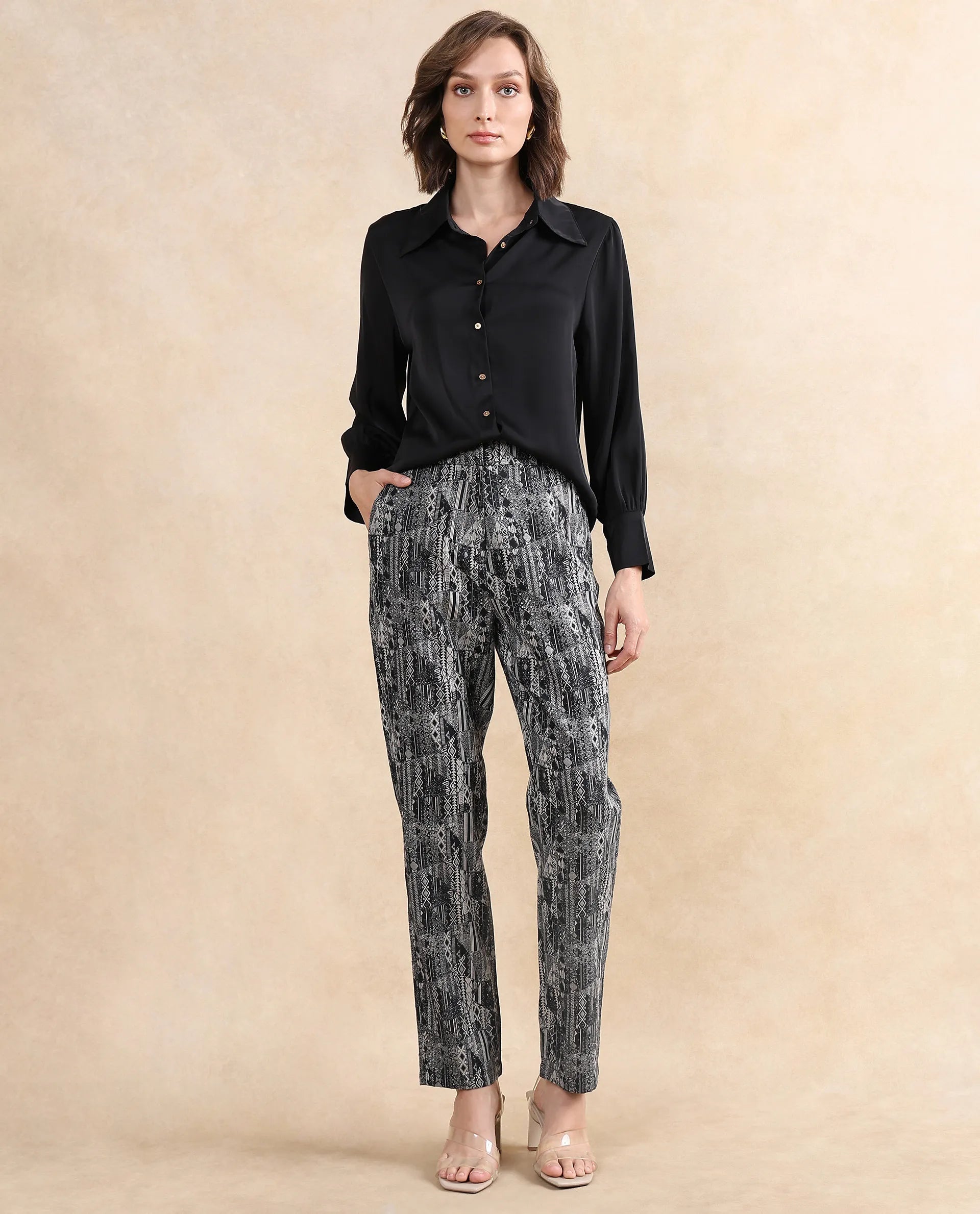 Rareism Women's Valie B Black Polyester Blend Jacquard Ankle Length Straight Fit Trouser