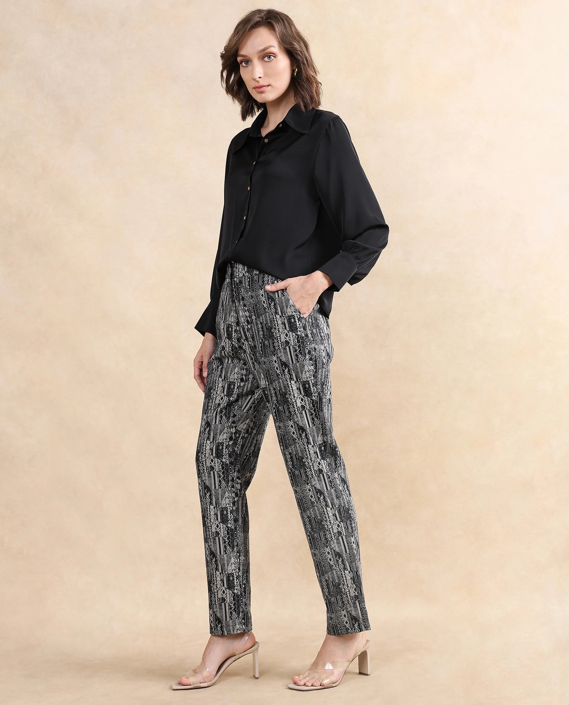 Rareism Women's Valie B Black Polyester Blend Jacquard Ankle Length Straight Fit Trouser