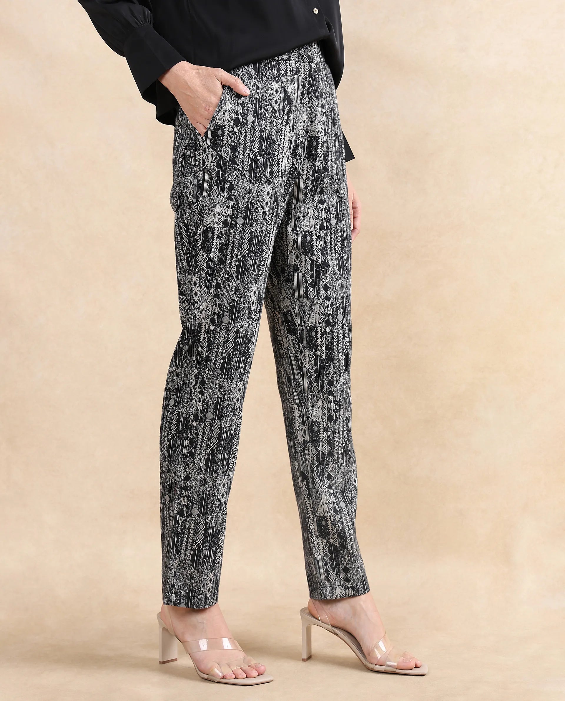 Rareism Women's Valie B Black Polyester Blend Jacquard Ankle Length Straight Fit Trouser