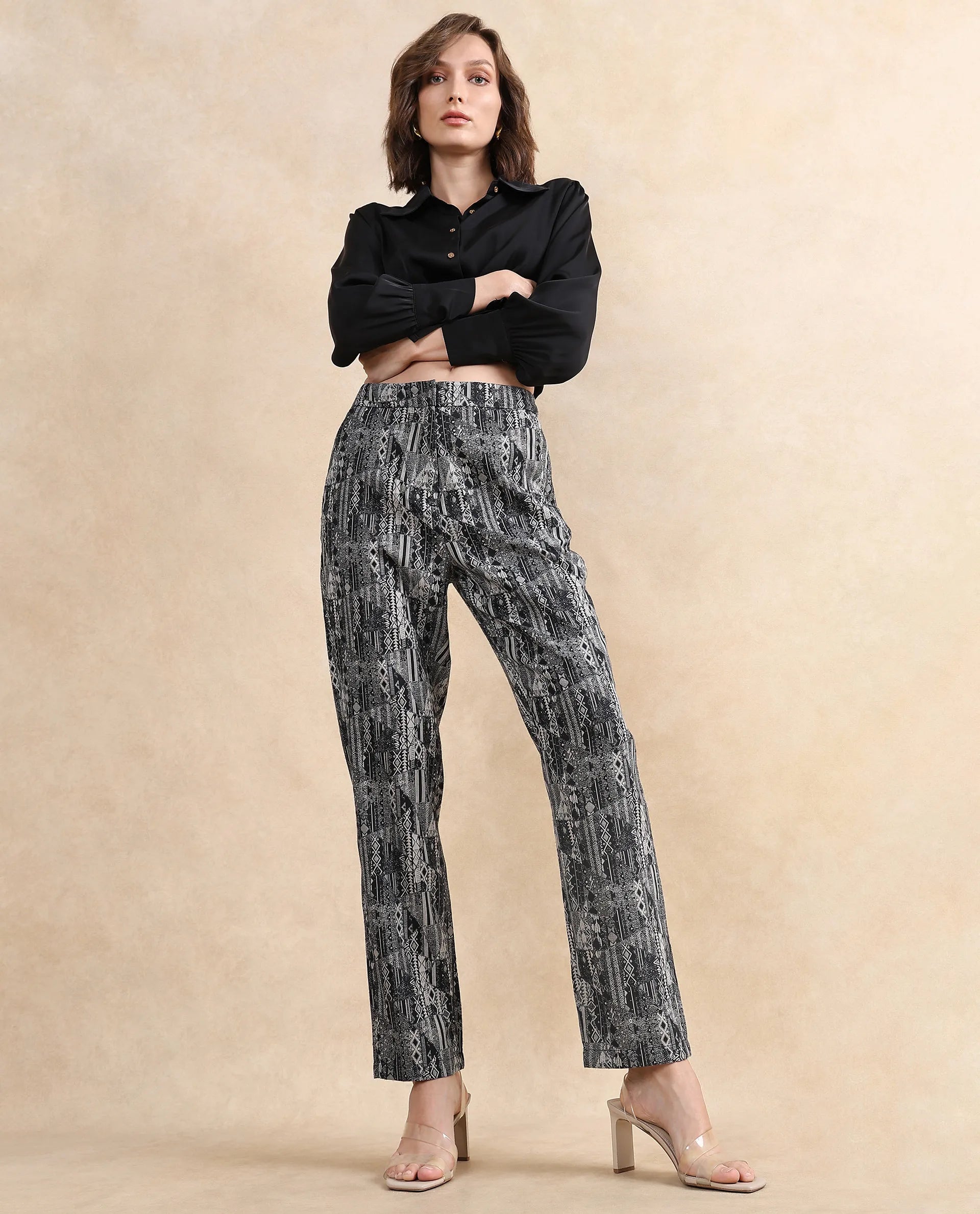 Rareism Women's Valie B Black Polyester Blend Jacquard Ankle Length Straight Fit Trouser