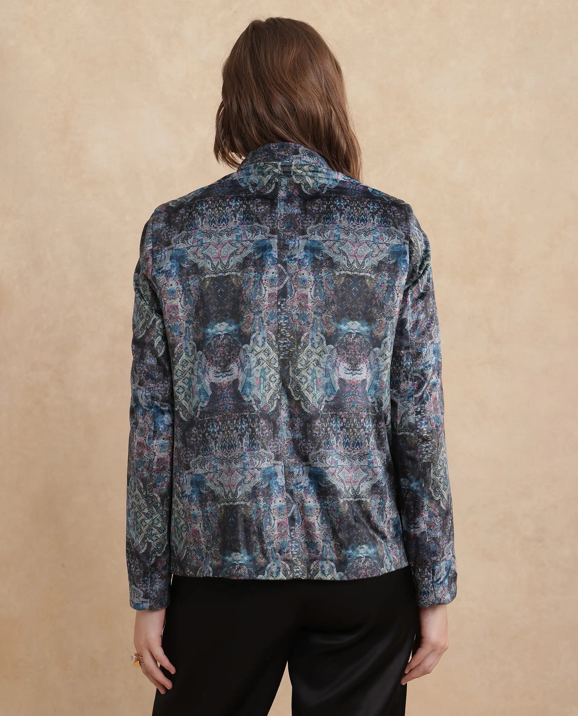 Rareism Women's Valorie Multi Velvet Lapel Neck Abstract Print Cuffed Sleeve Regular Fit Blazer