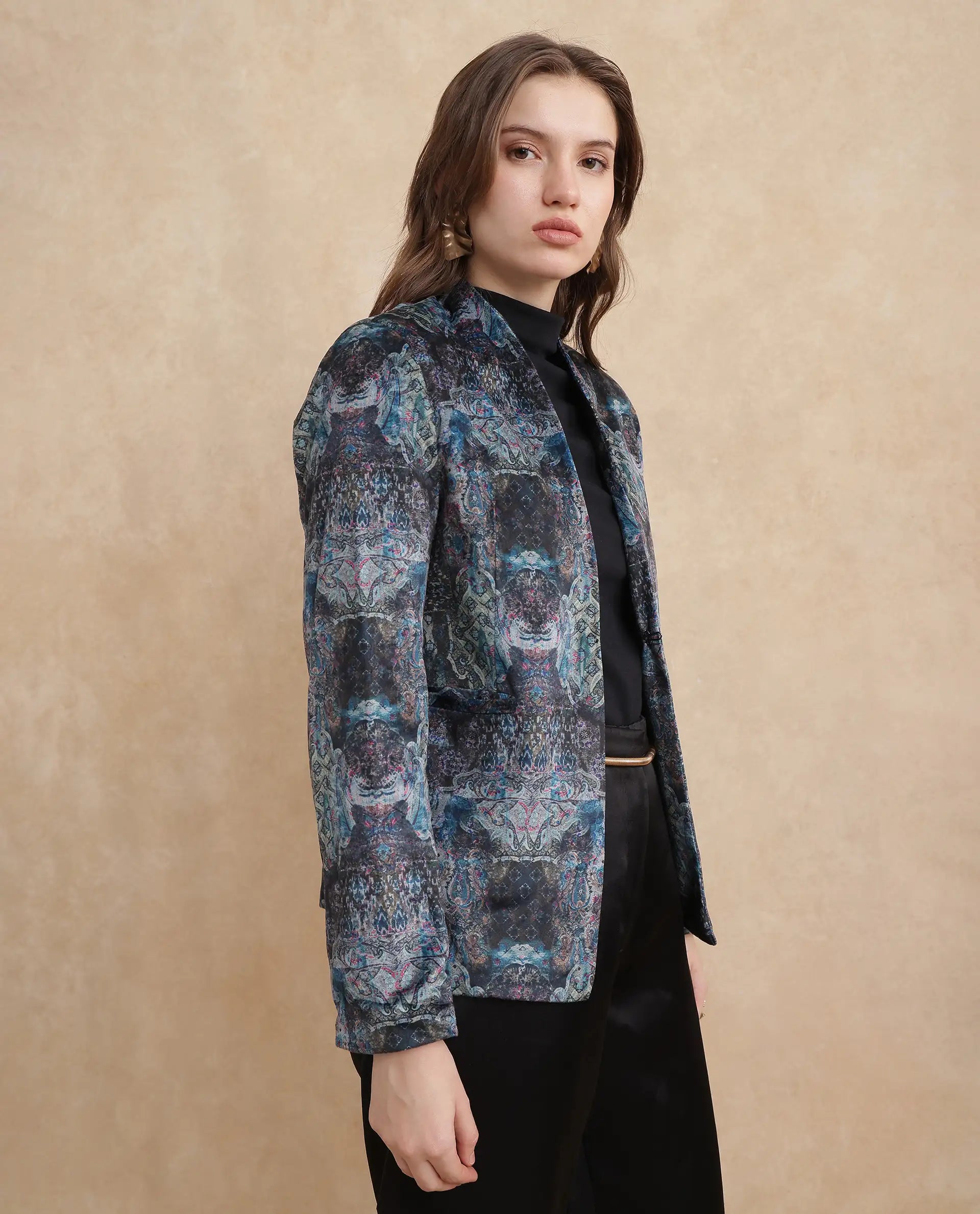 Rareism Women's Valorie Multi Velvet Lapel Neck Abstract Print Cuffed Sleeve Regular Fit Blazer
