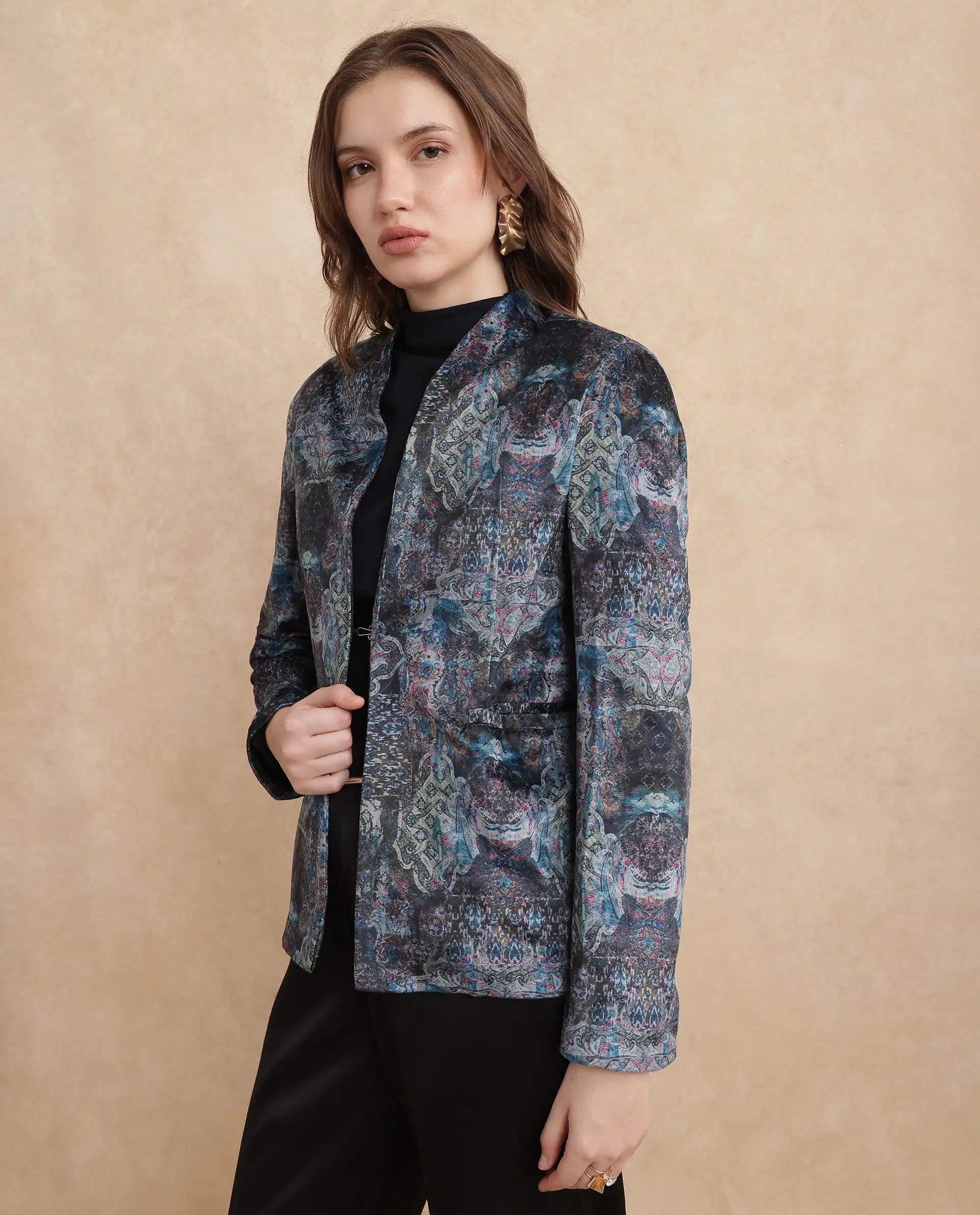 Rareism Women's Valorie Multi Velvet Lapel Neck Abstract Print Cuffed Sleeve Regular Fit Blazer