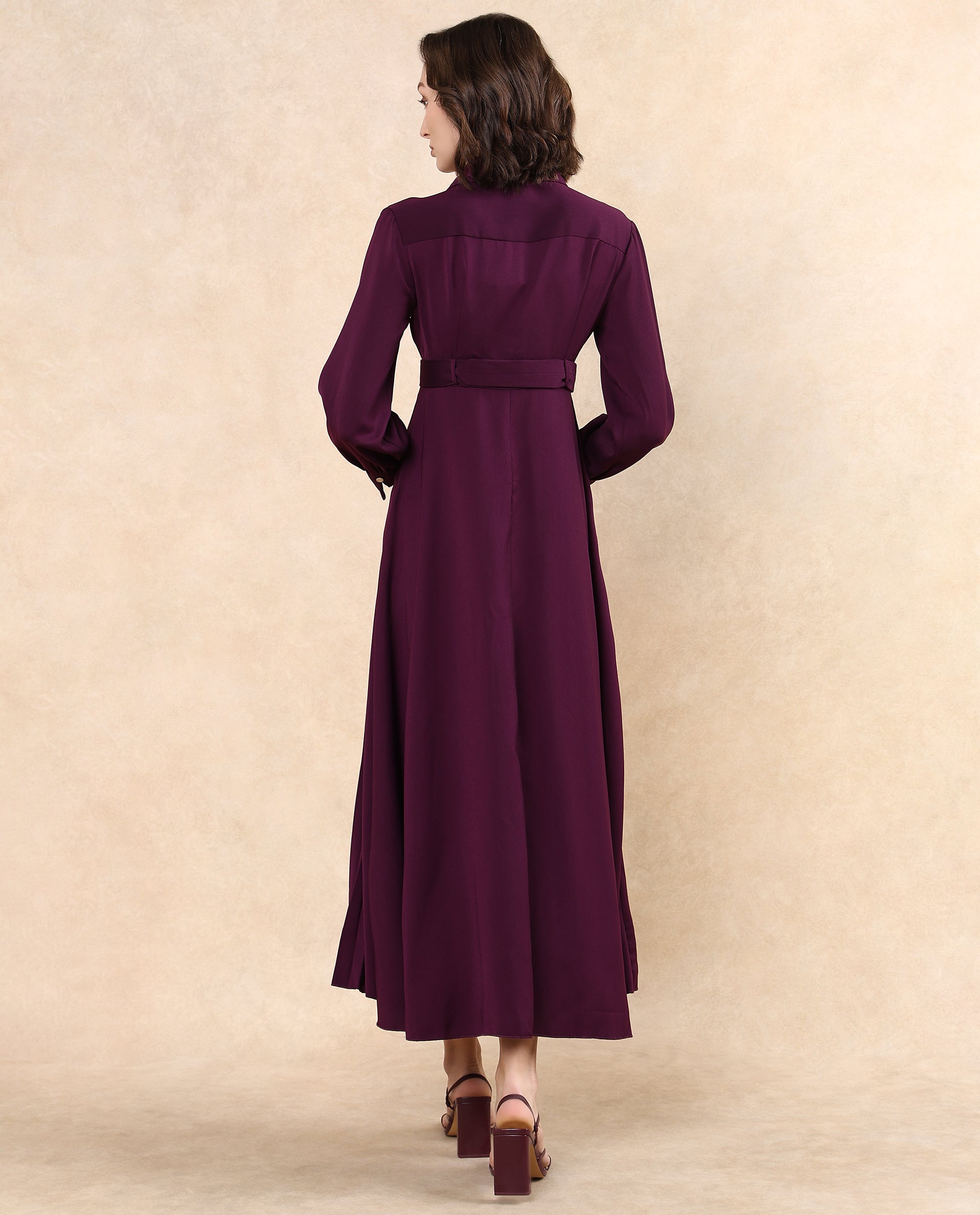 Rareism Women's Vanadzor Purple Satin Drop Collar Plain Bishop Sleeve Maxi Flared Dress