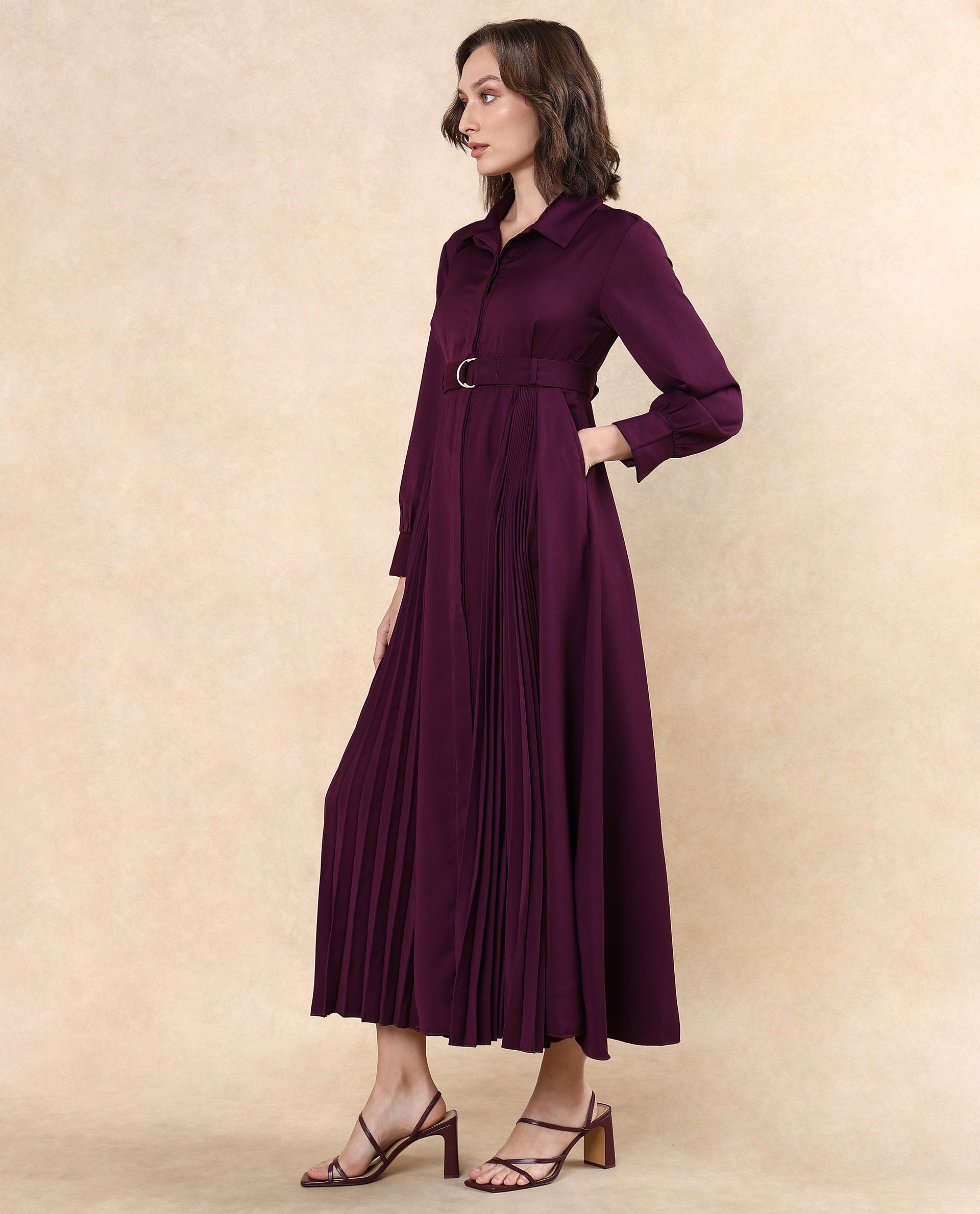 Rareism Women's Vanadzor Purple Satin Drop Collar Plain Bishop Sleeve Maxi Flared Dress