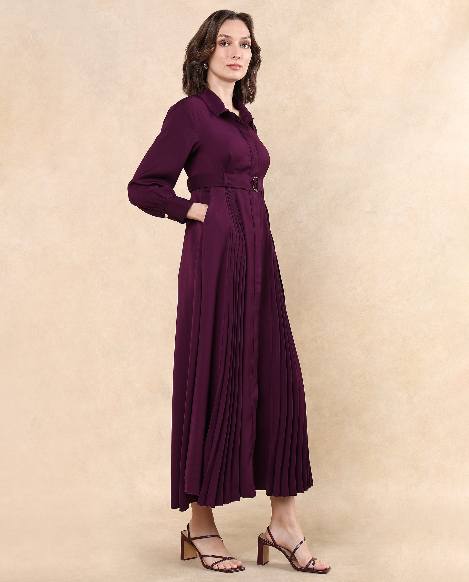 Rareism Women's Vanadzor Purple Satin Drop Collar Plain Bishop Sleeve Maxi Flared Dress