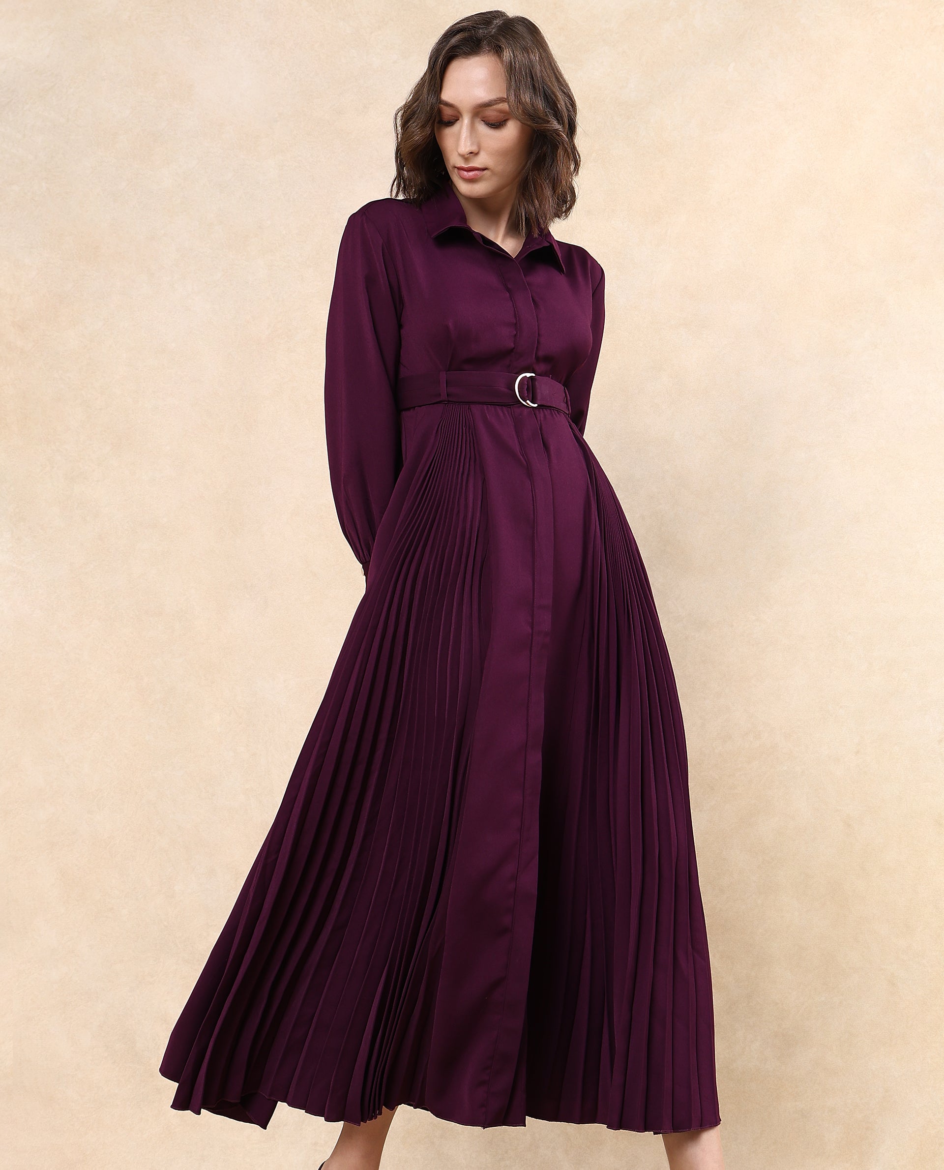 Rareism Women's Vanadzor Purple Satin Drop Collar Plain Bishop Sleeve Maxi Flared Dress