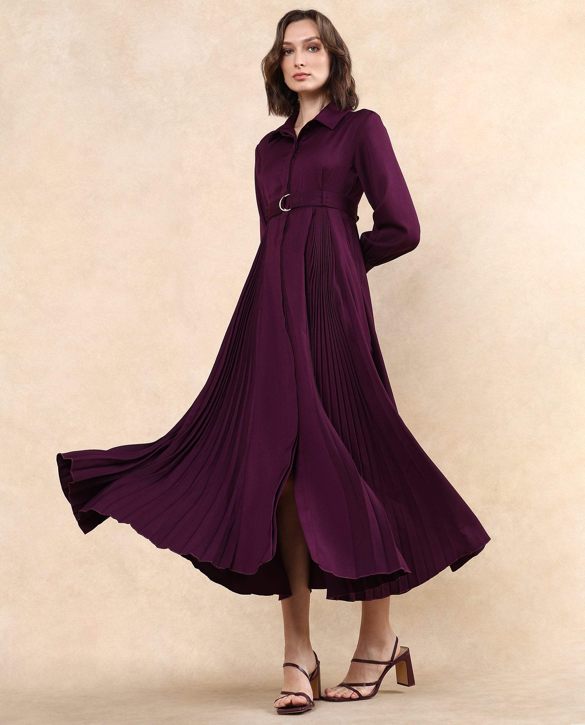 Rareism Women's Vanadzor Purple Satin Drop Collar Plain Bishop Sleeve Maxi Flared Dress