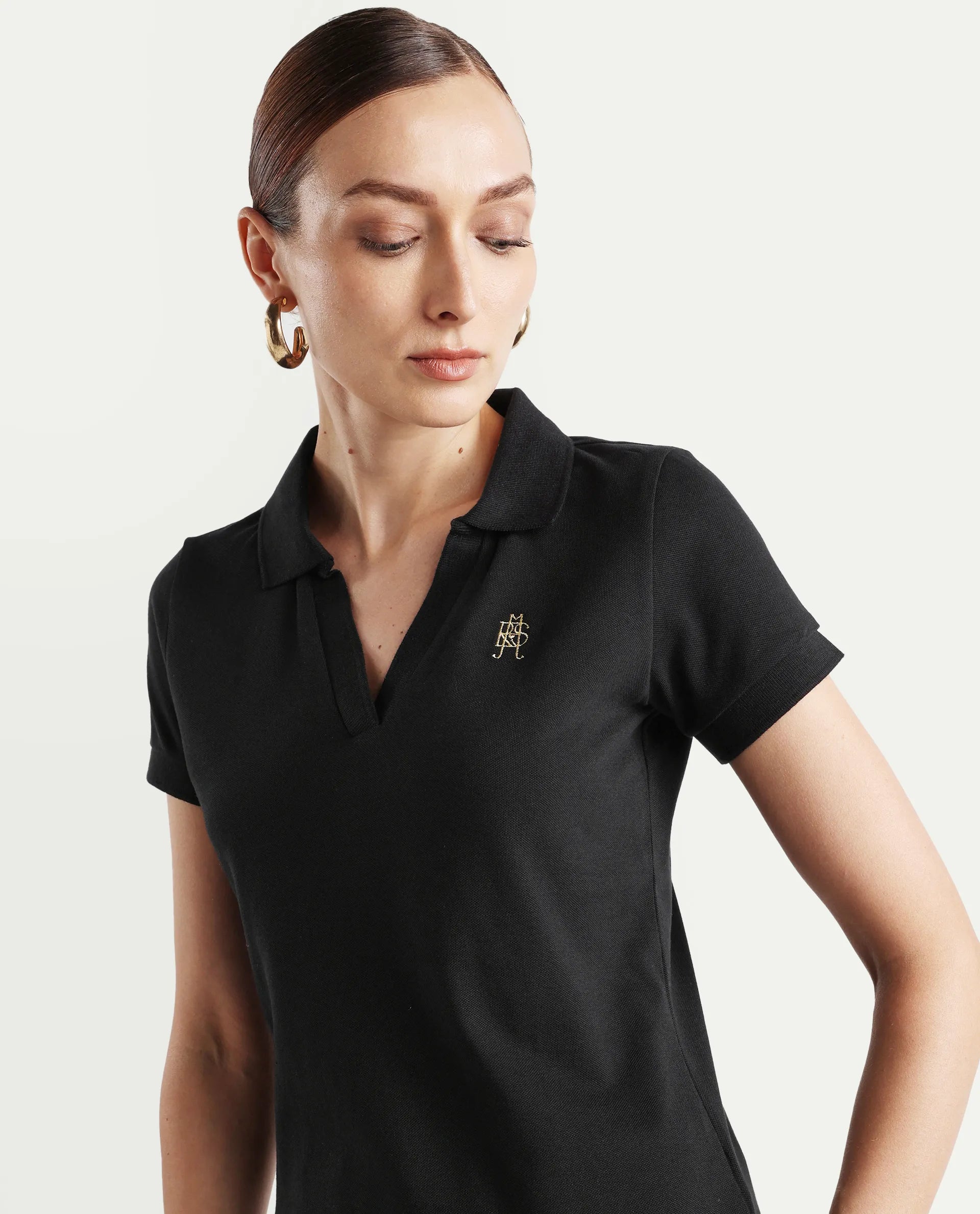 Rareism Women's Van Black Cotton Blend Polo Neck Plain Regular Fit Polo