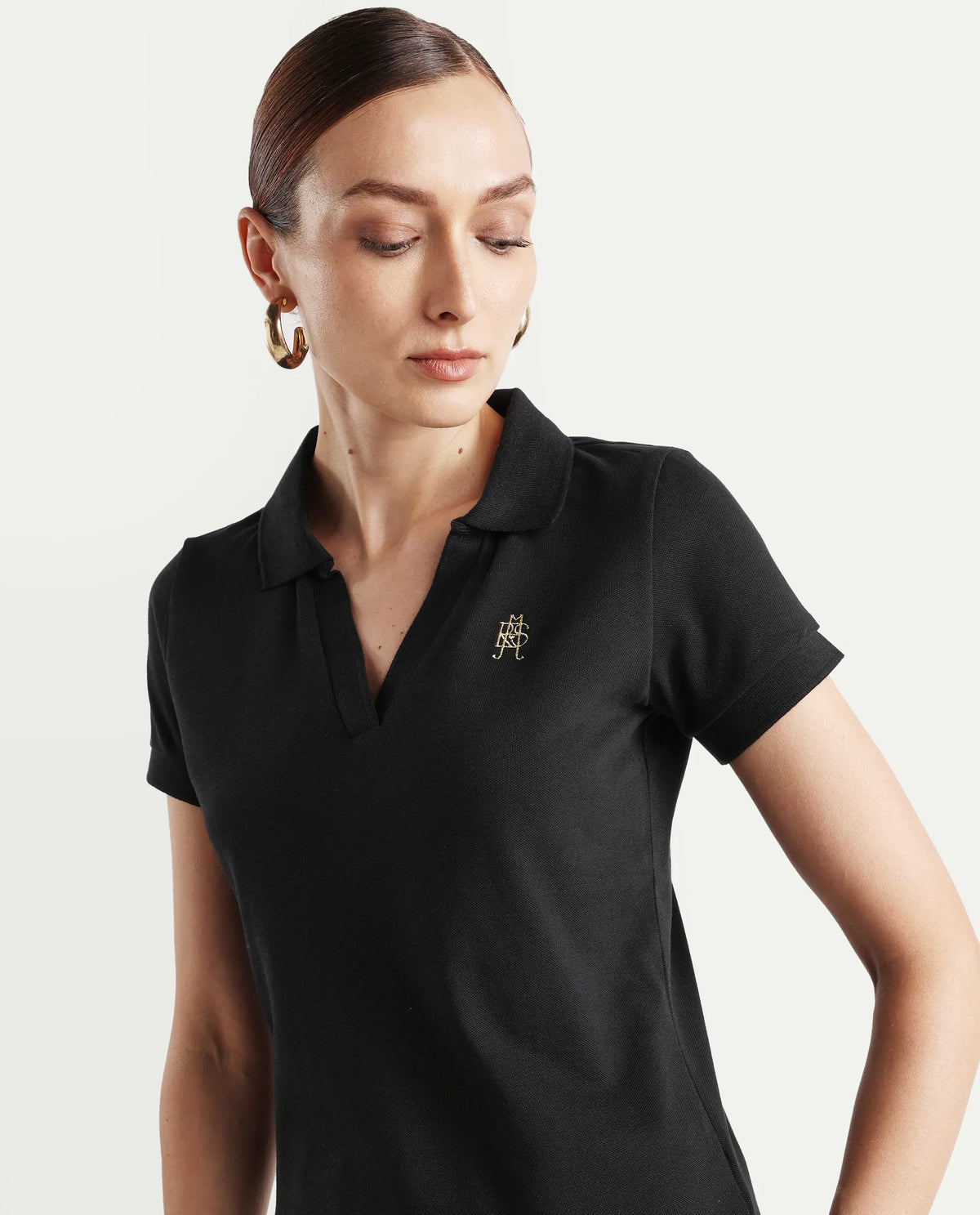 Rareism Women's Van Black Cotton Blend Polo Neck Plain Regular Fit Polo