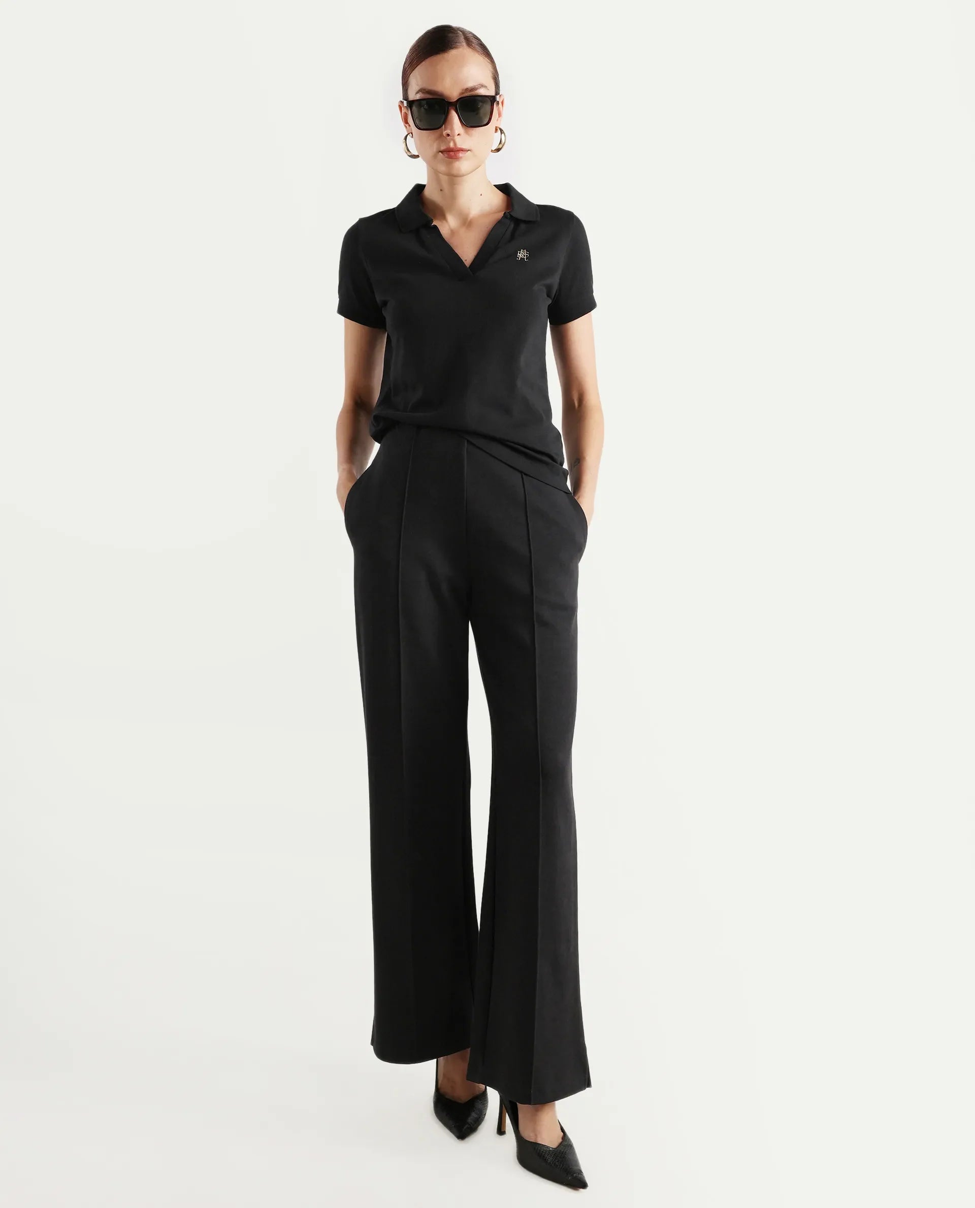 Rareism Women's Van Black Cotton Blend Polo Neck Plain Regular Fit Polo