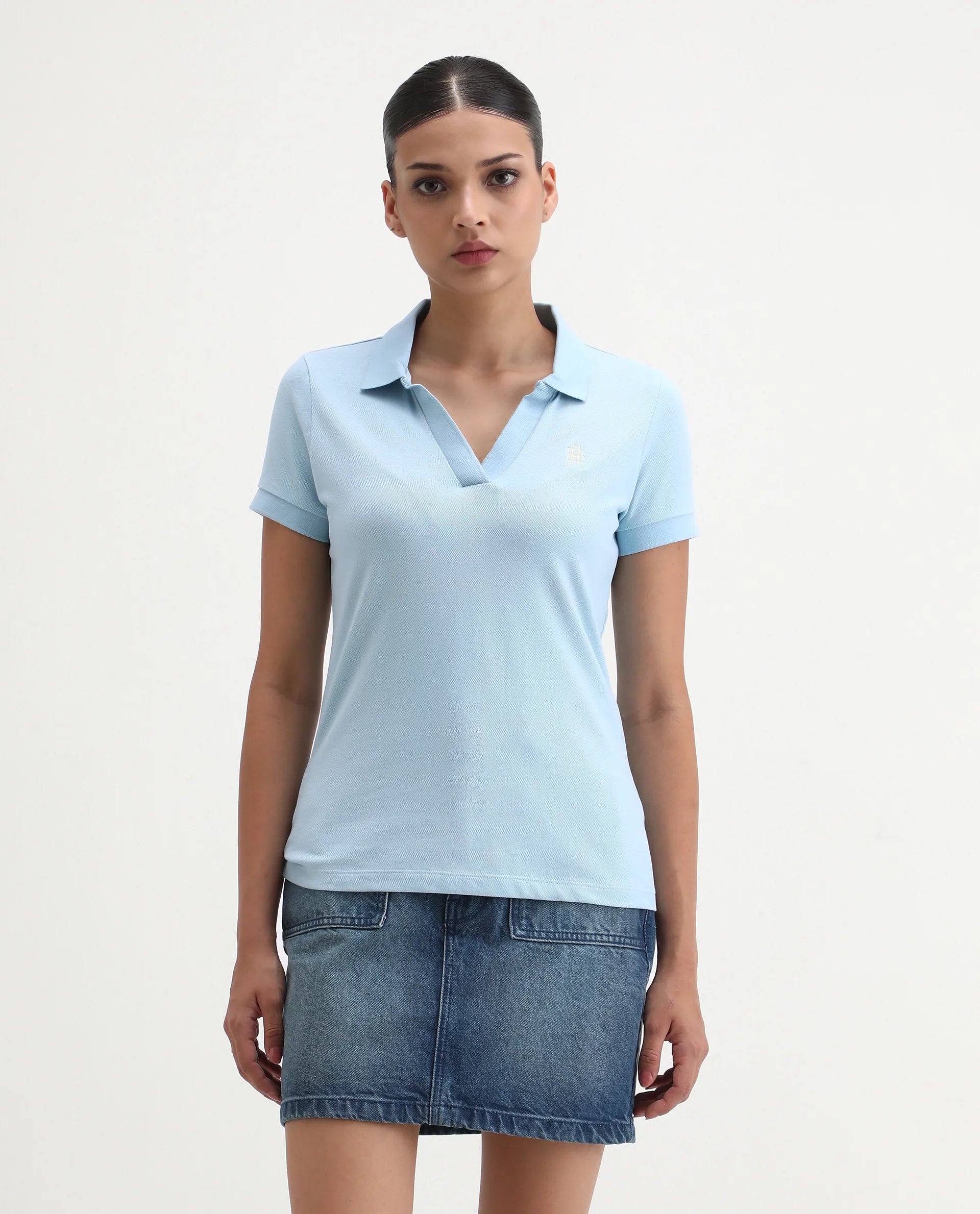 Rareism Women's Van Blue Cotton Blend Polo Neck Plain Regular Fit Polo