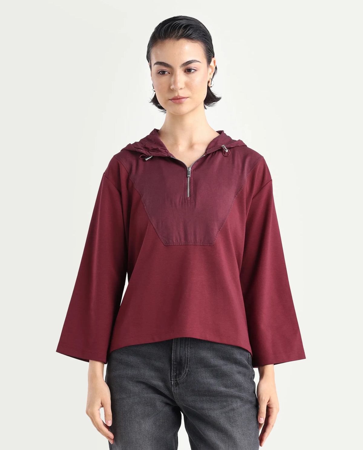 Rareism Women's Vancouver Maroon Cotton Blend Hooded Plain Relaxed Fit Sweatshirt