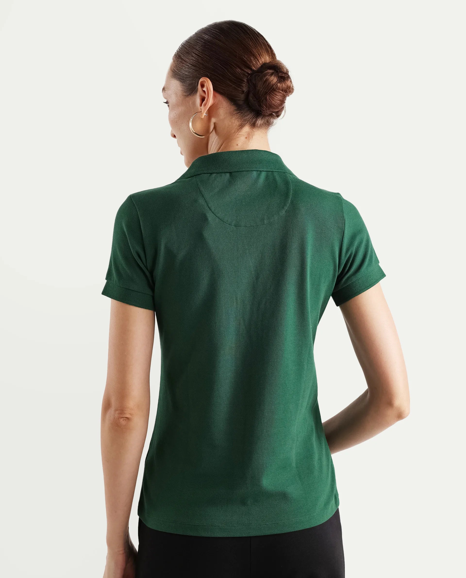 Rareism Women's Van Green Cotton Blend Polo Neck Plain Regular Fit Polo