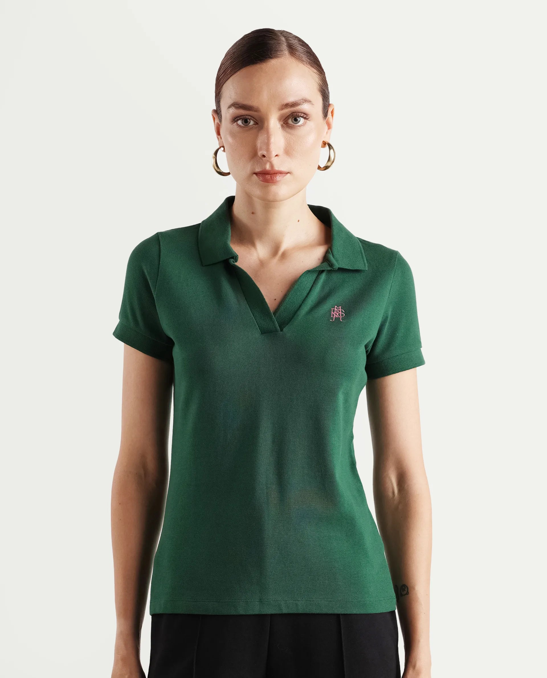 Rareism Women's Van Green Cotton Blend Polo Neck Plain Regular Fit Polo