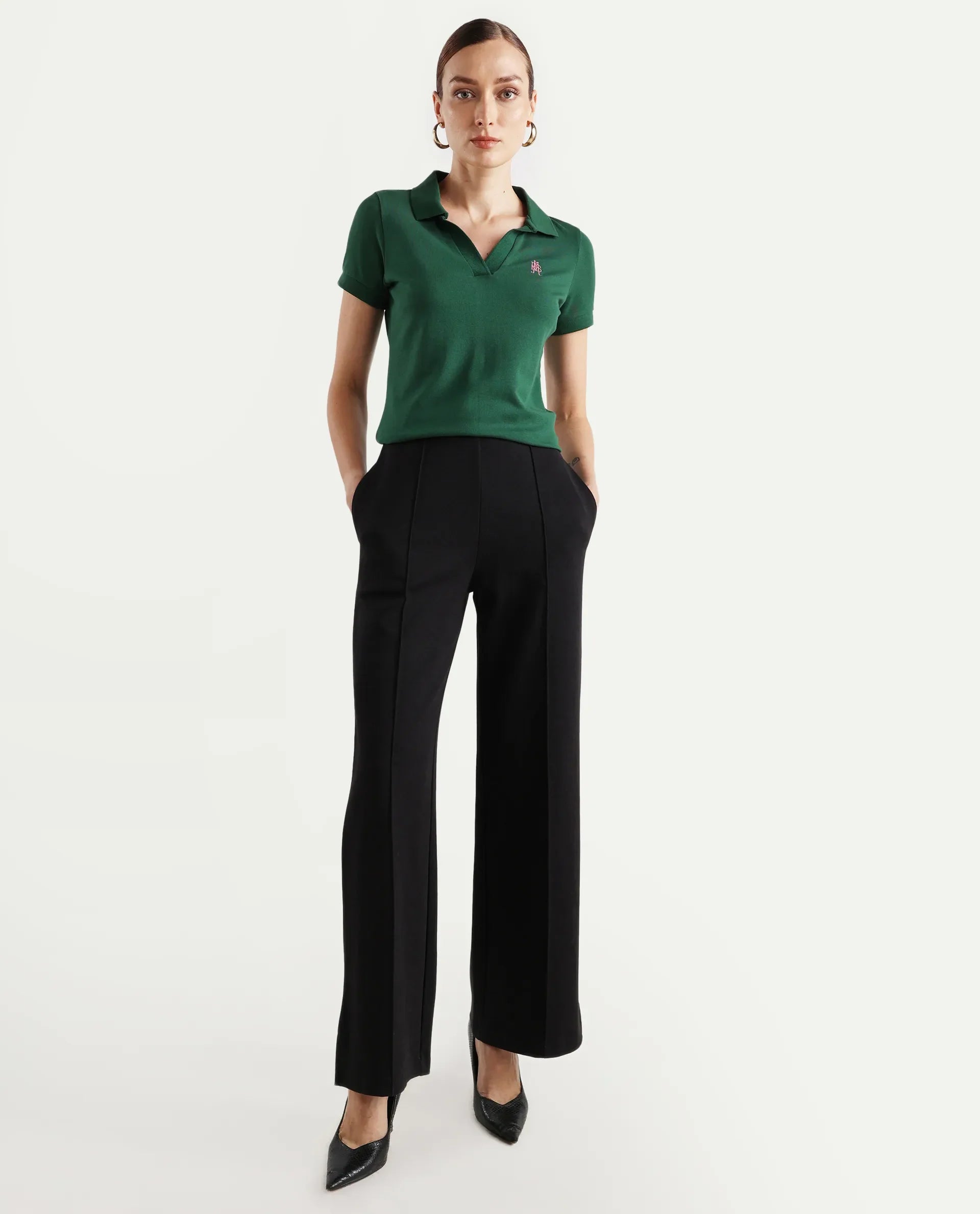 Rareism Women's Van Green Cotton Blend Polo Neck Plain Regular Fit Polo