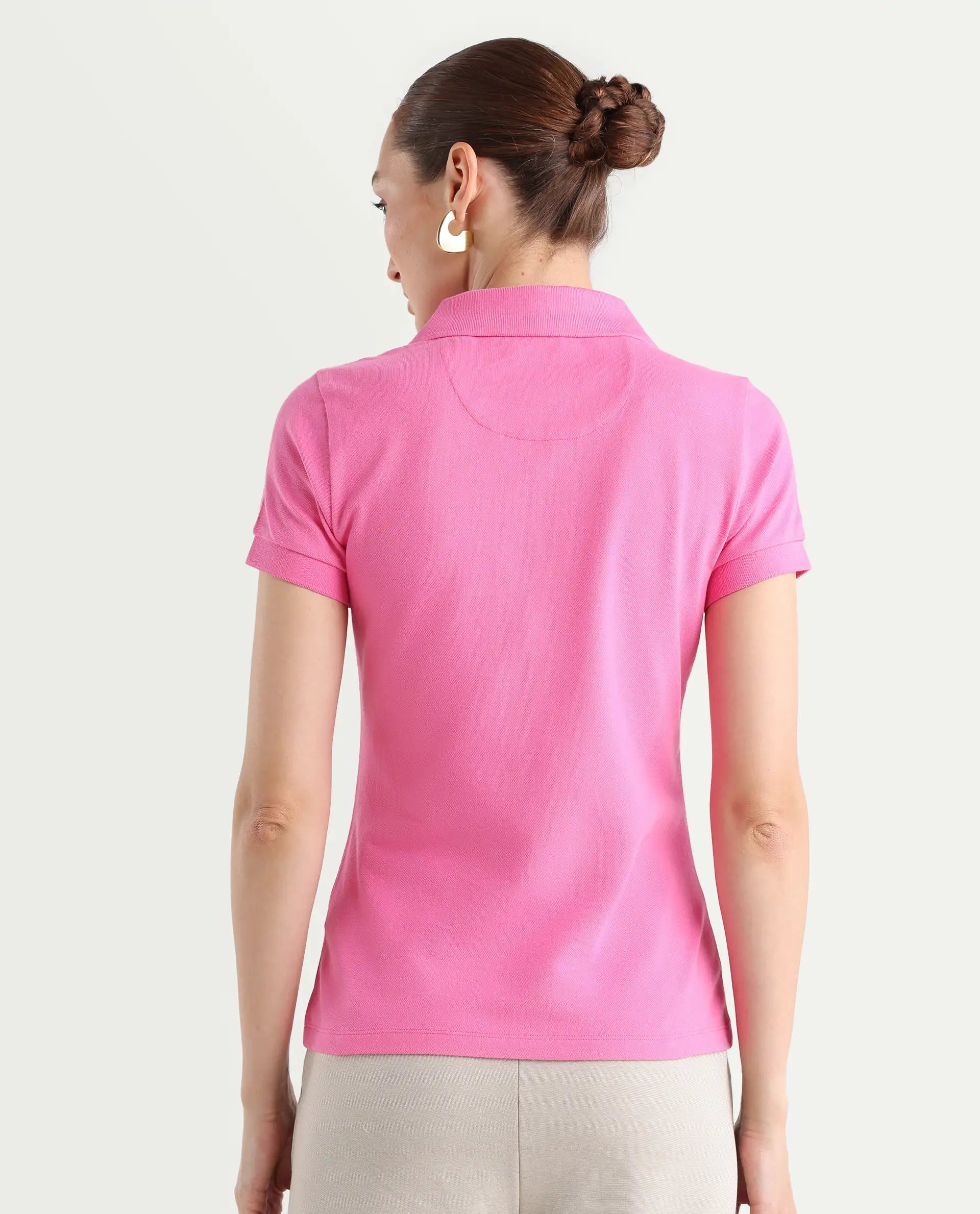 Rareism Women's Van Pink Cotton Blend Polo Neck Plain Regular Fit Polo