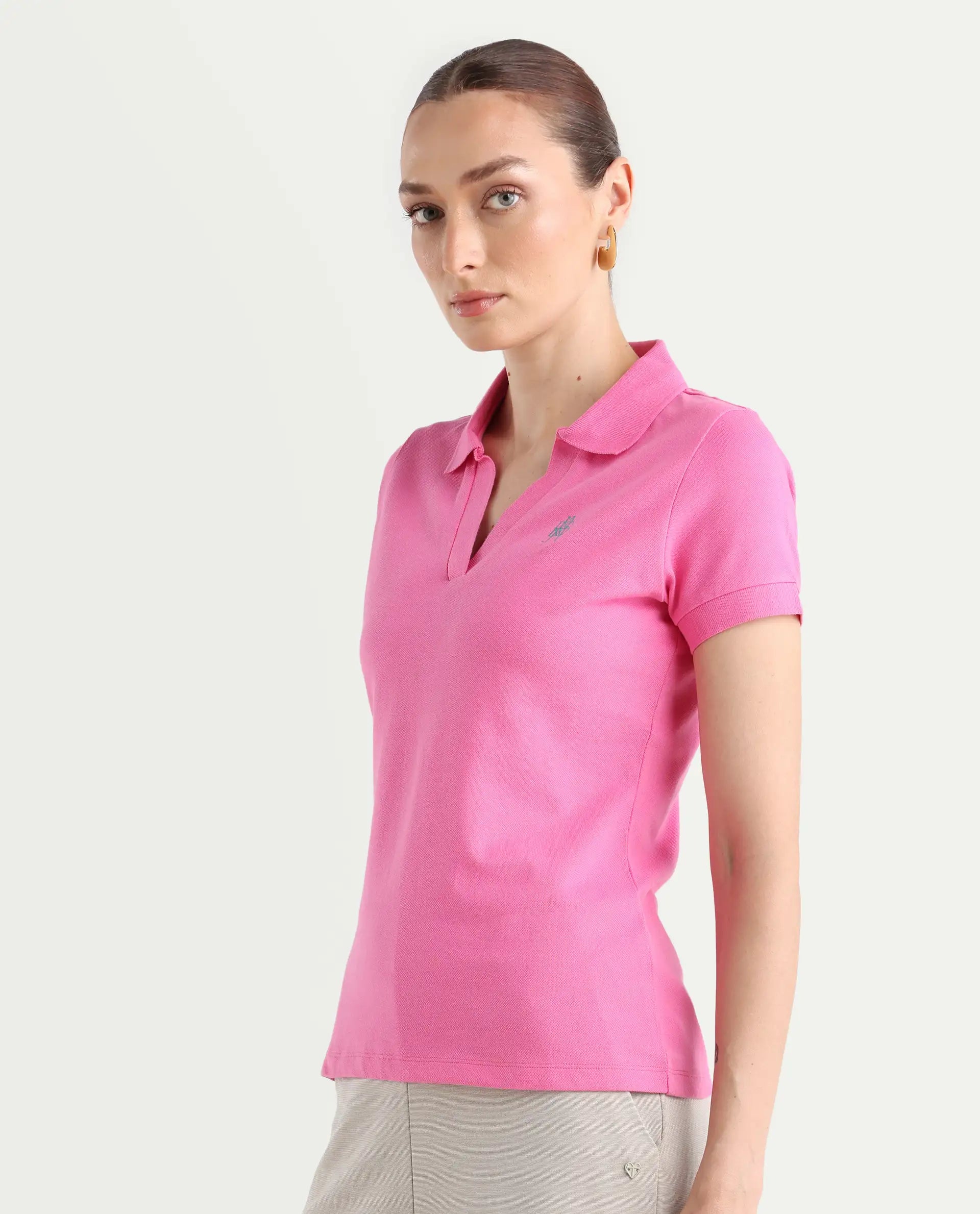 Rareism Women's Van Pink Cotton Blend Polo Neck Plain Regular Fit Polo