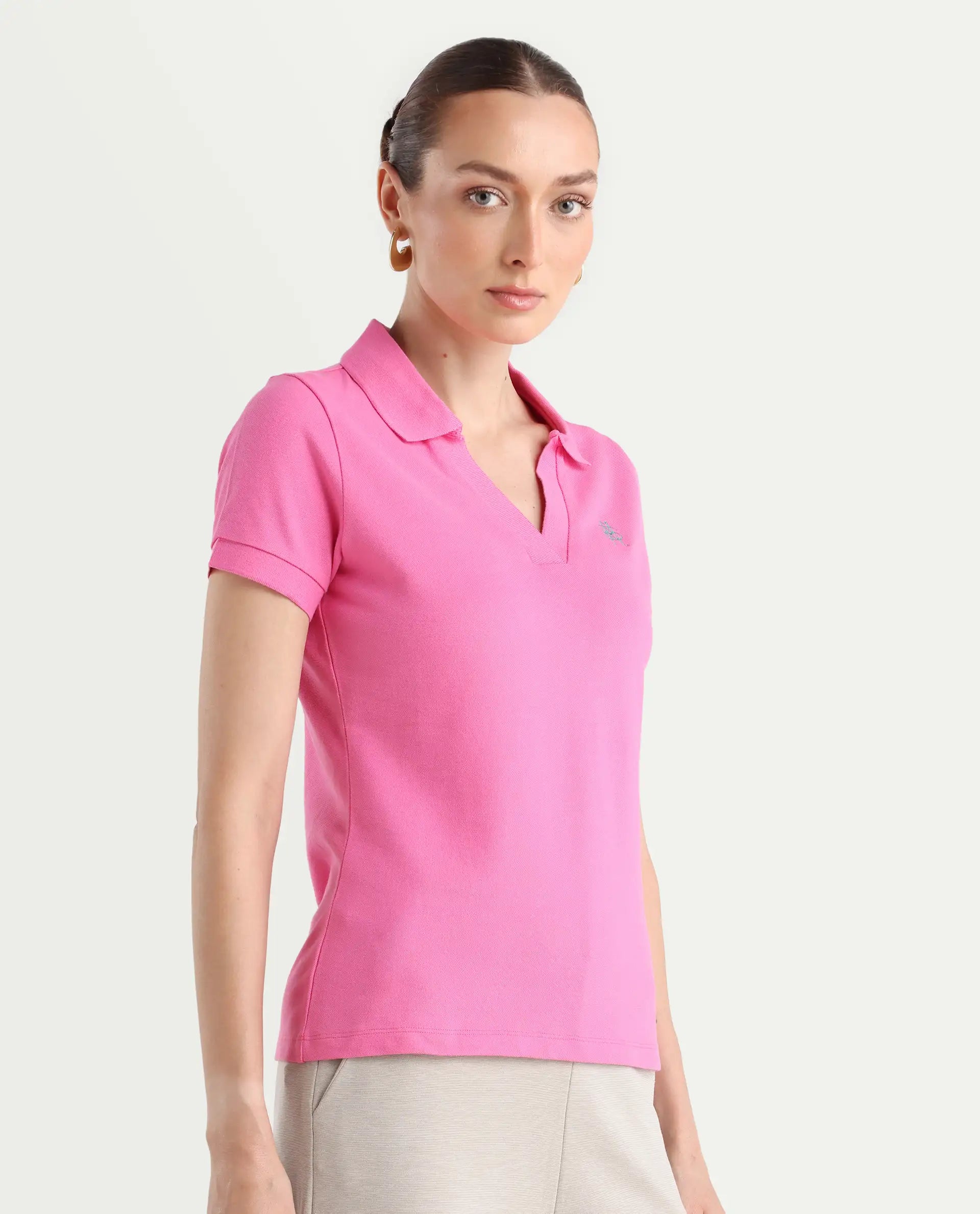 Rareism Women's Van Pink Cotton Blend Polo Neck Plain Regular Fit Polo