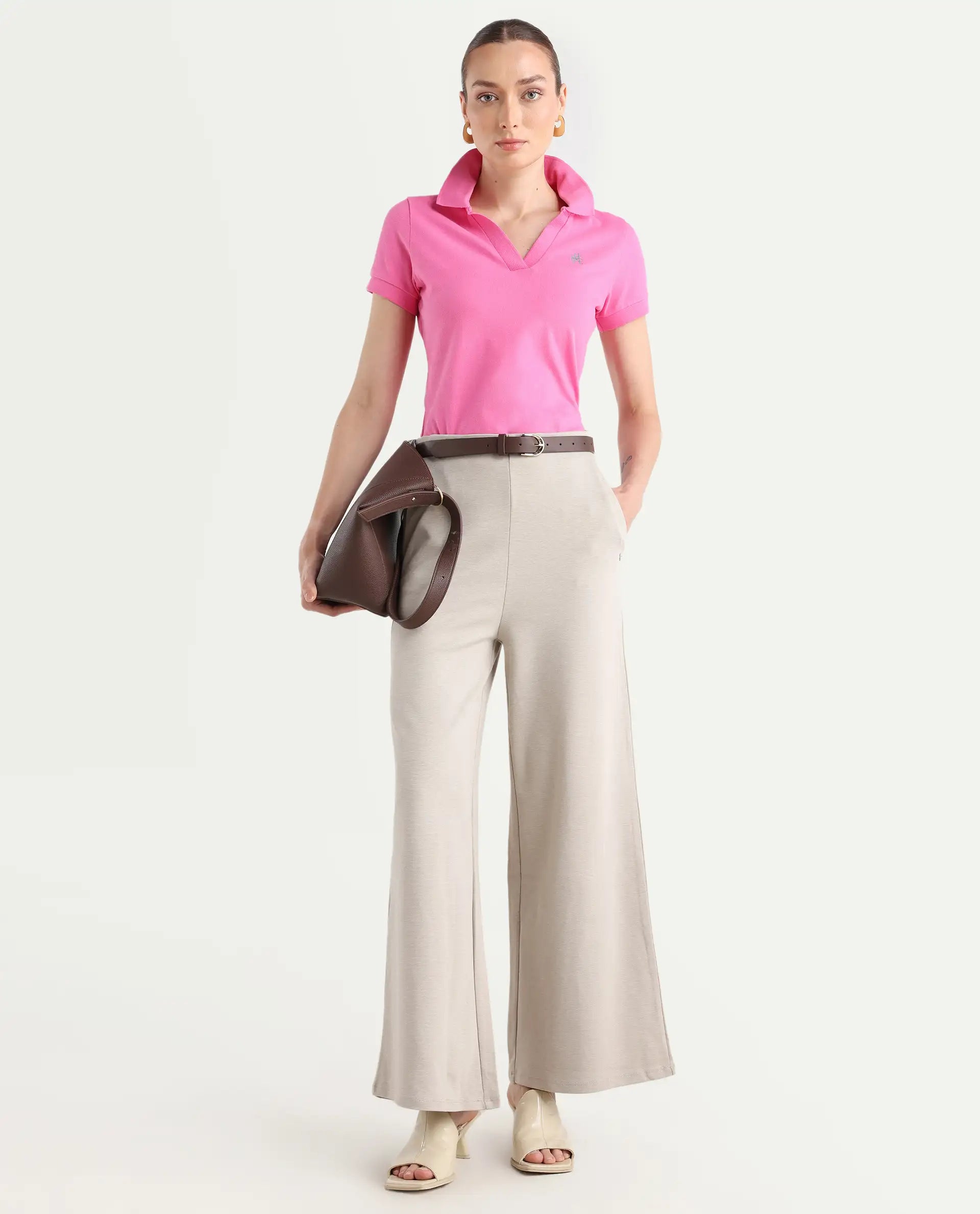 Rareism Women's Van Pink Cotton Blend Polo Neck Plain Regular Fit Polo