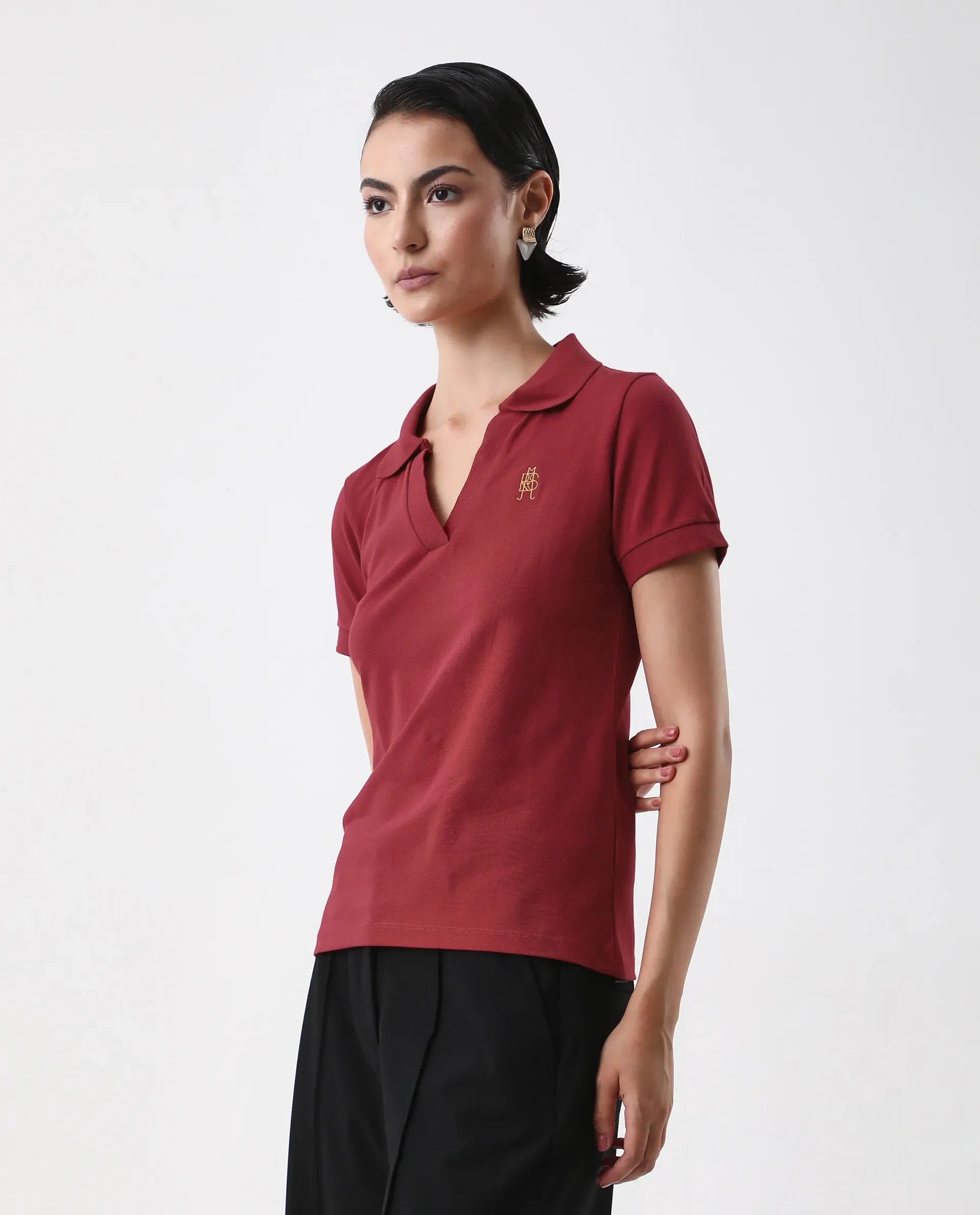 Rareism Women's Van Red Cotton Blend Polo Neck Plain Regular Fit Polo