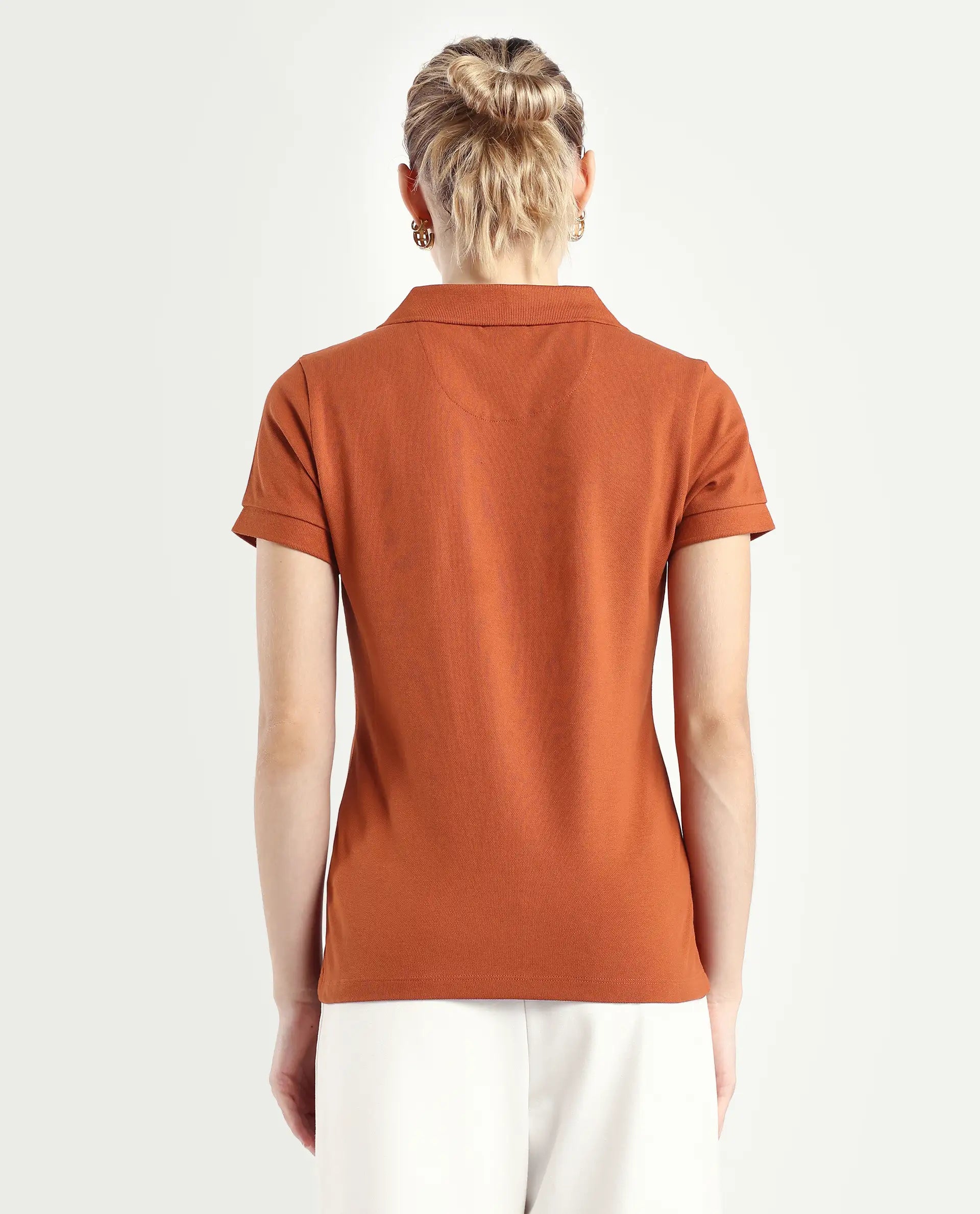 Rareism Women's Van-Rust Cotton Blend Polo Neck Plain Regular Fit Polo