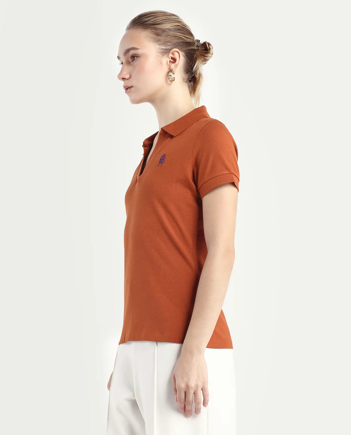 Rareism Women's Van-Rust Cotton Blend Polo Neck Plain Regular Fit Polo