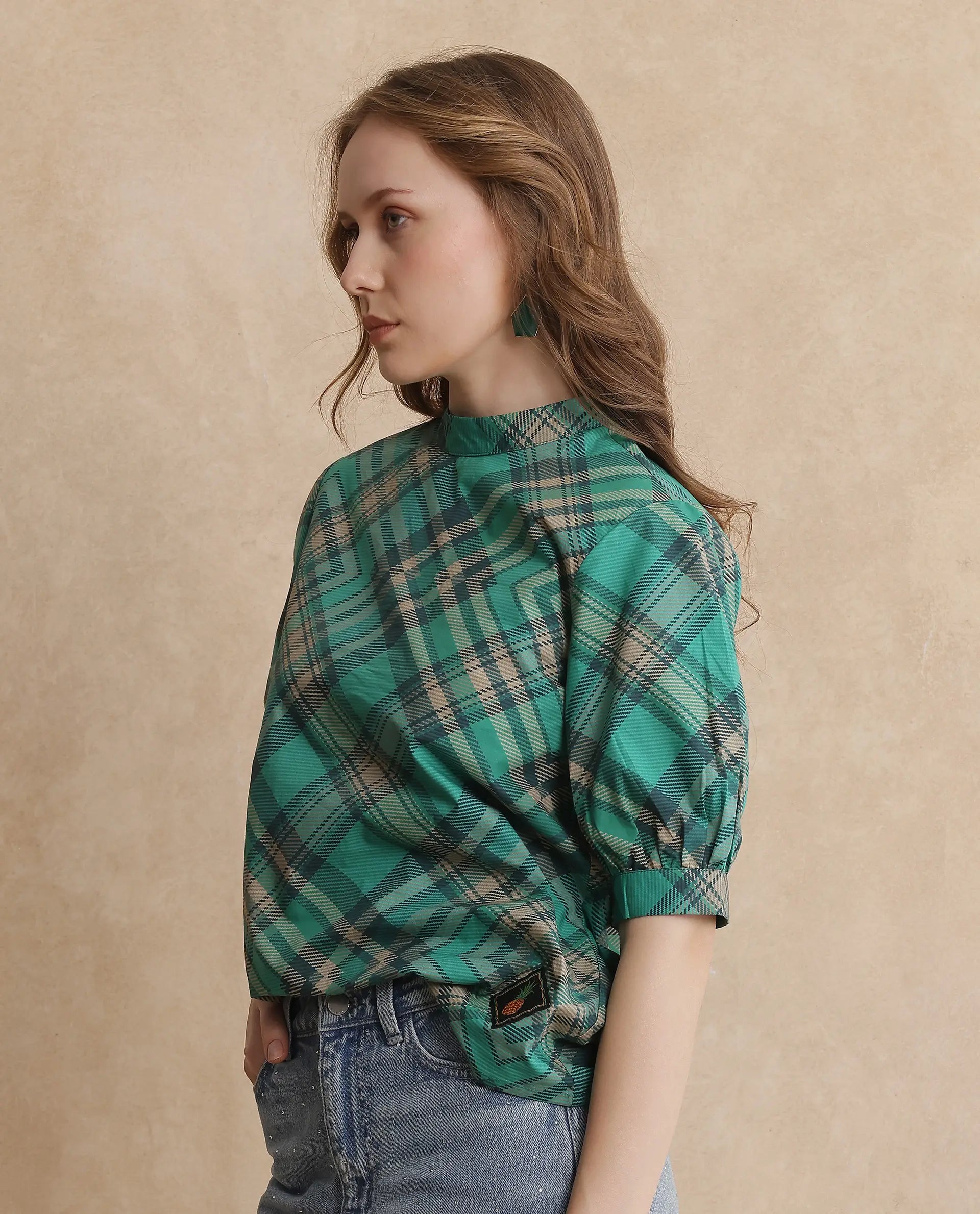 Rareism Women's Vante Green Cotton Mandarin Collar Flannel Print Puff Sleeves Regular Fit Top