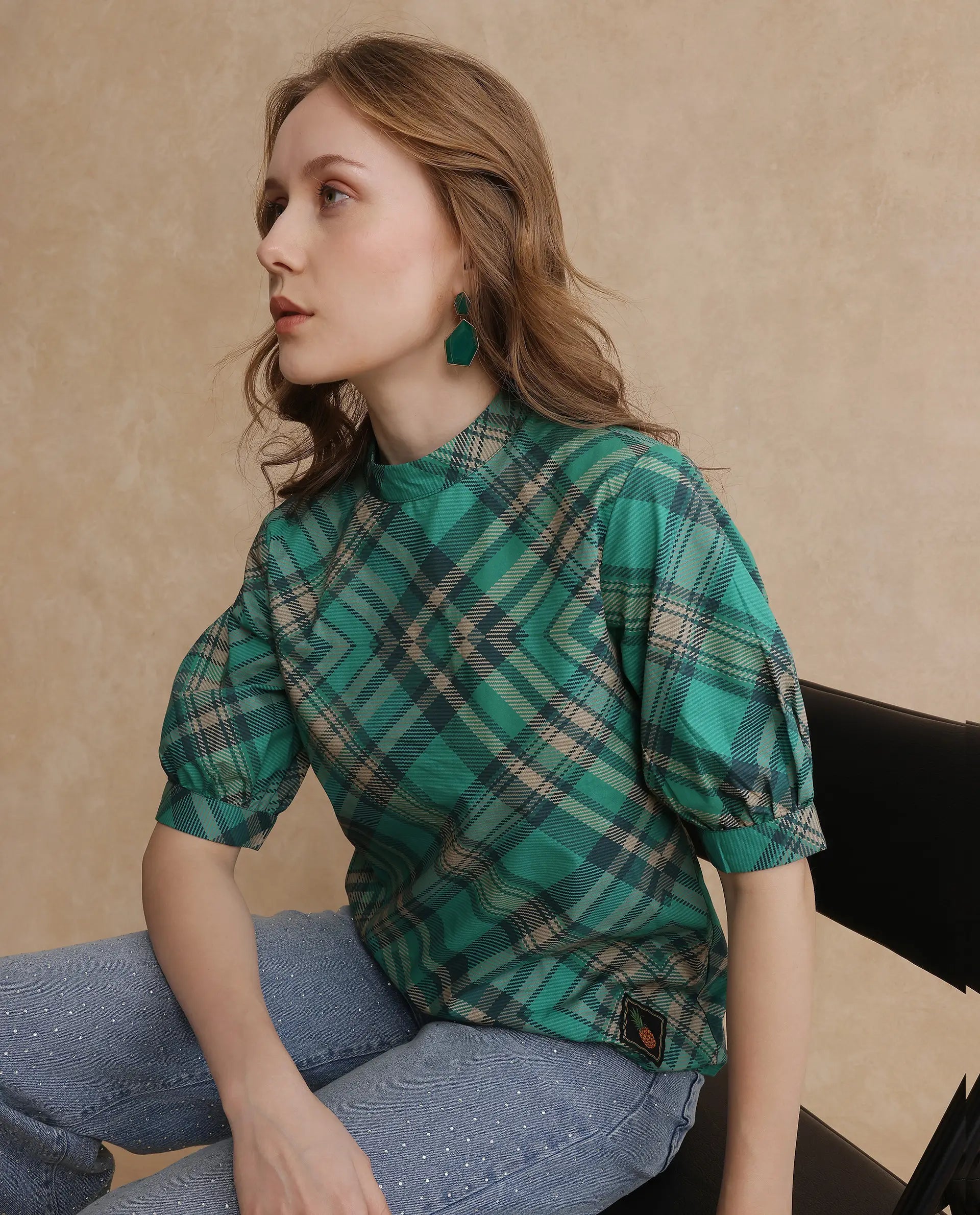 Rareism Women's Vante Green Cotton Mandarin Collar Flannel Print Puff Sleeves Regular Fit Top