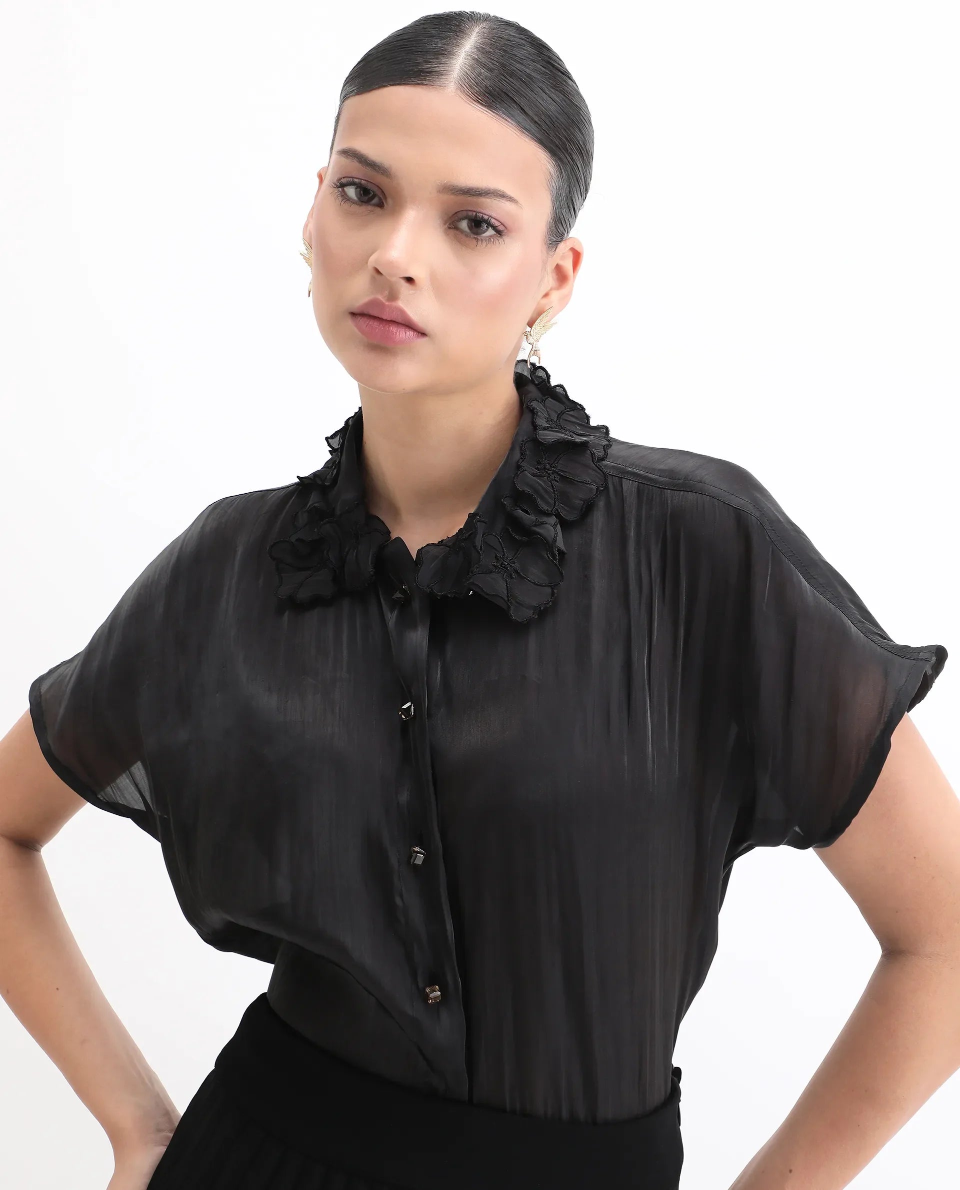 Rareism Women's Varfa Black Polyester Drop Collar Plain Boxy Fit Shirt