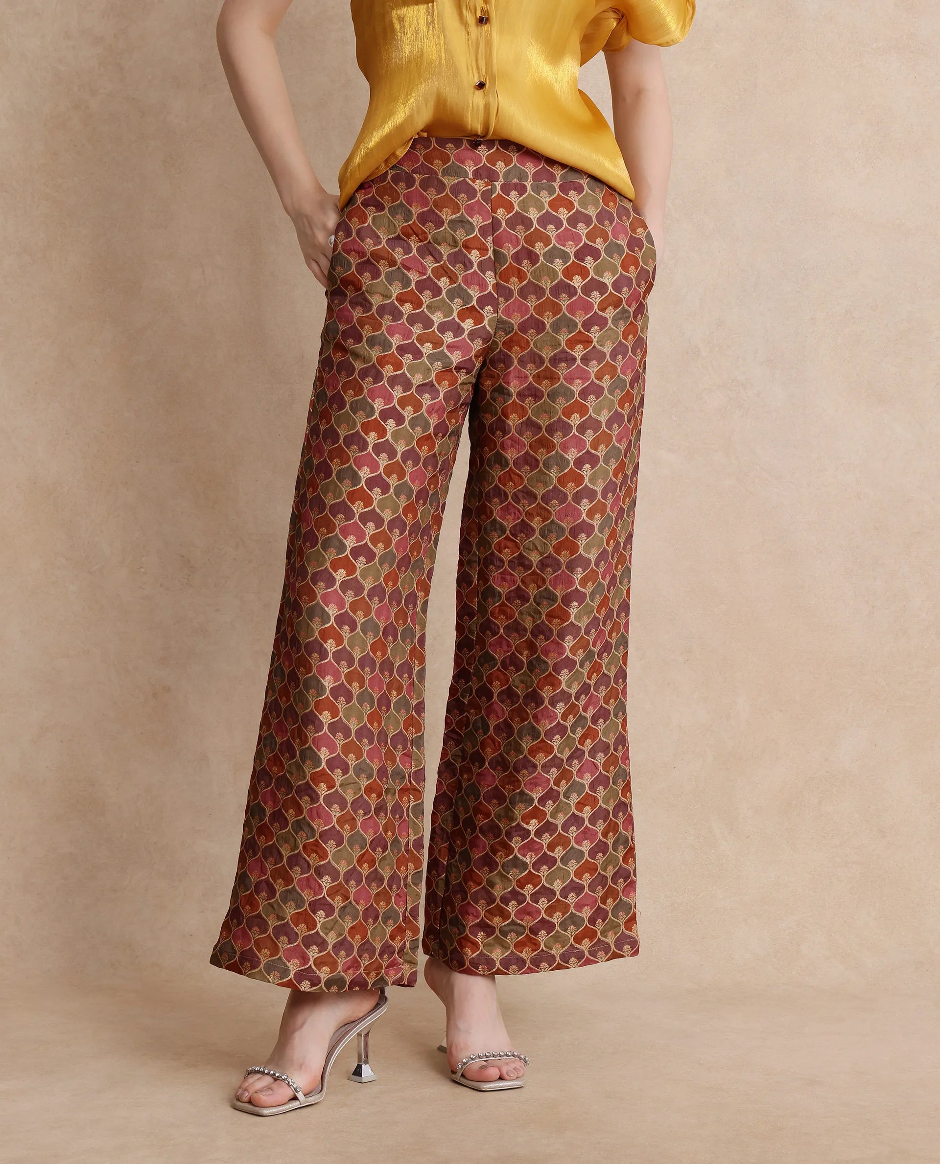 Rareism Women Varfa-B Multi Zipper Closure Flared Ankle Length Jacquard Trouser