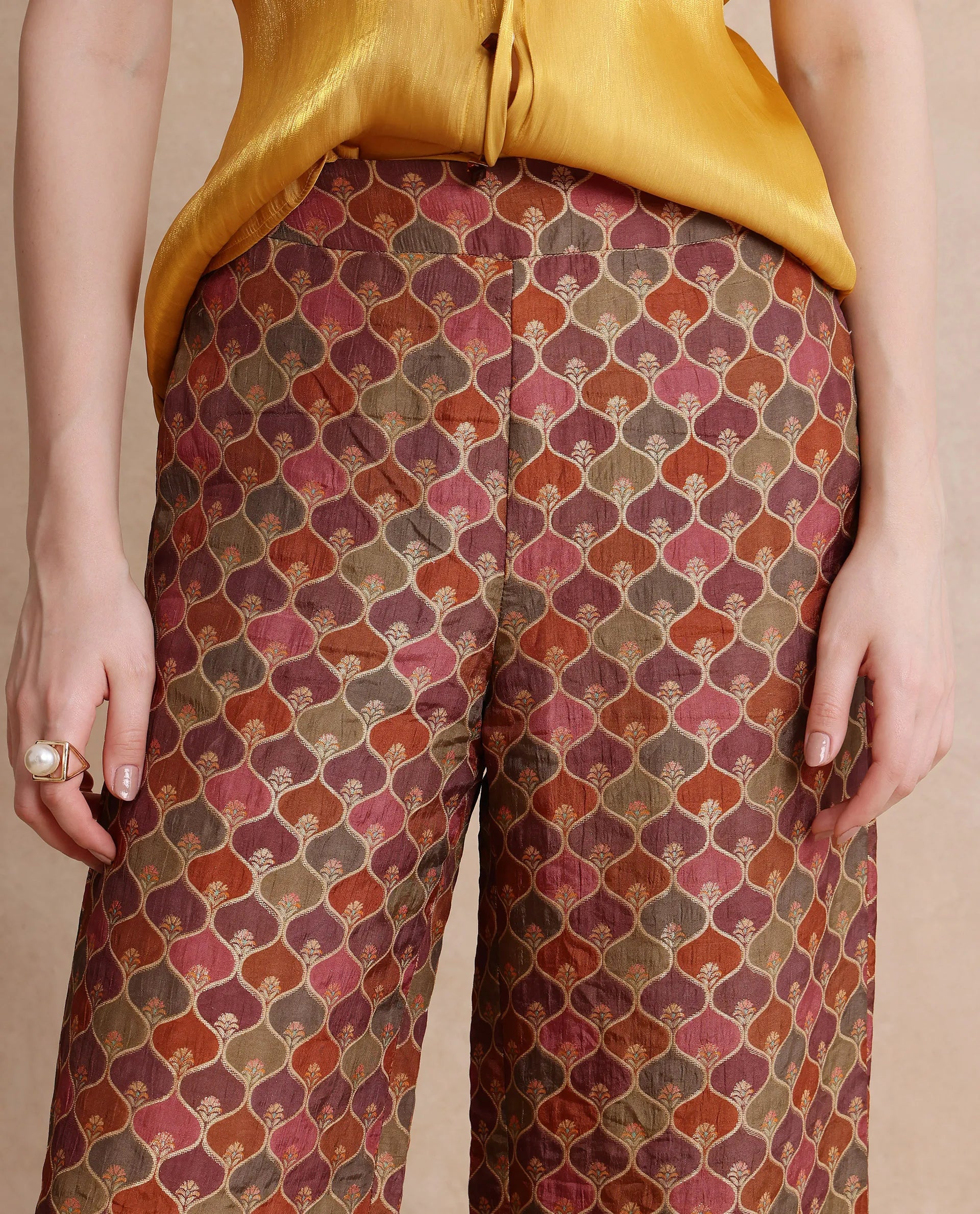 Rareism Women Varfa-B Multi Zipper Closure Flared Ankle Length Jacquard Trouser