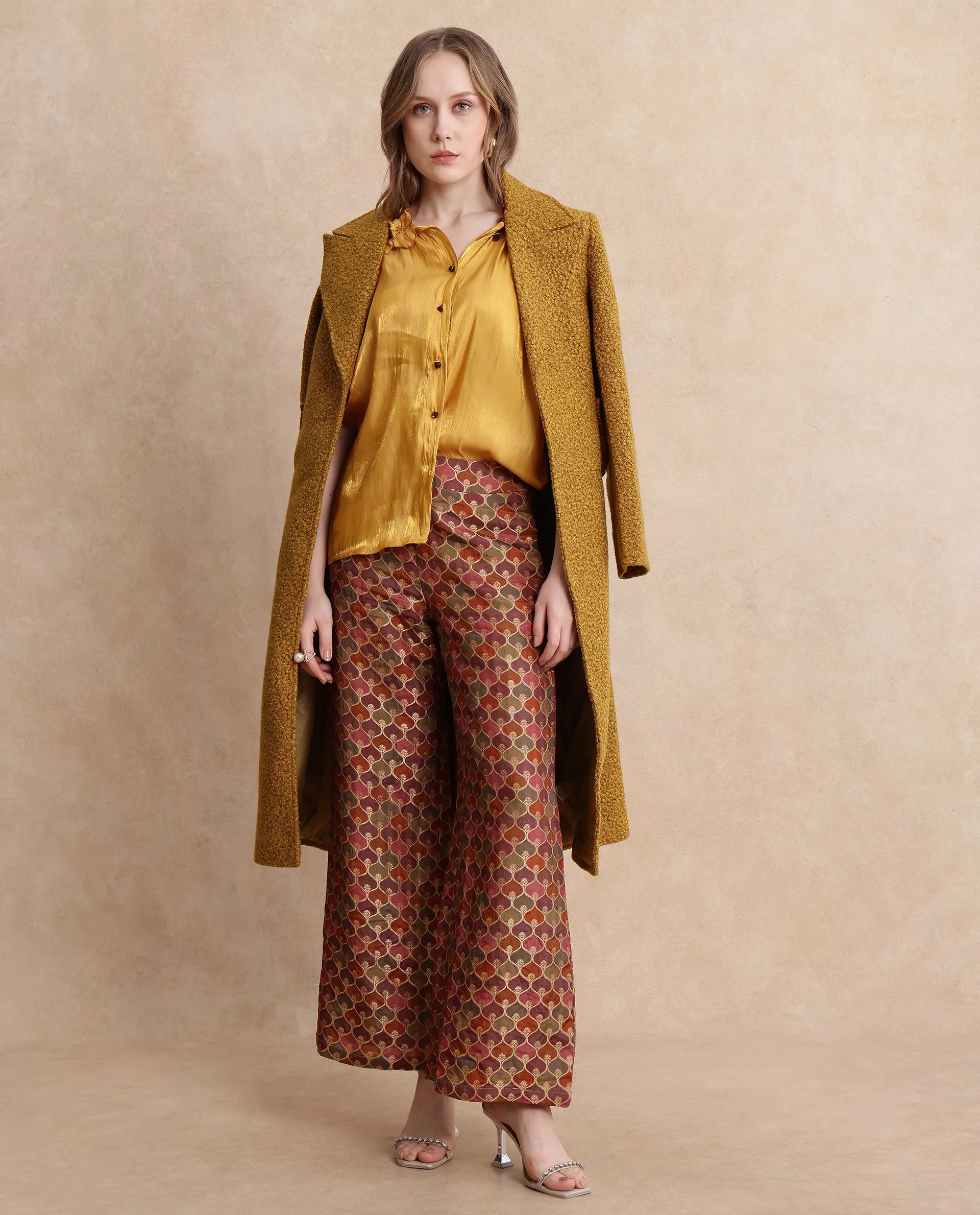 Rareism Women Varfa-B Multi Zipper Closure Flared Ankle Length Jacquard Trouser