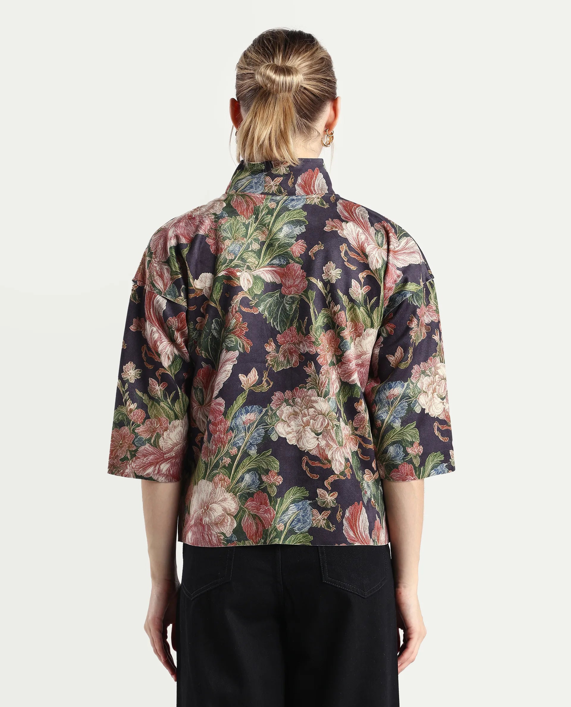 Rareism Women's Varo Grey Polyester Blend High Neck Boxy Fit Jacket