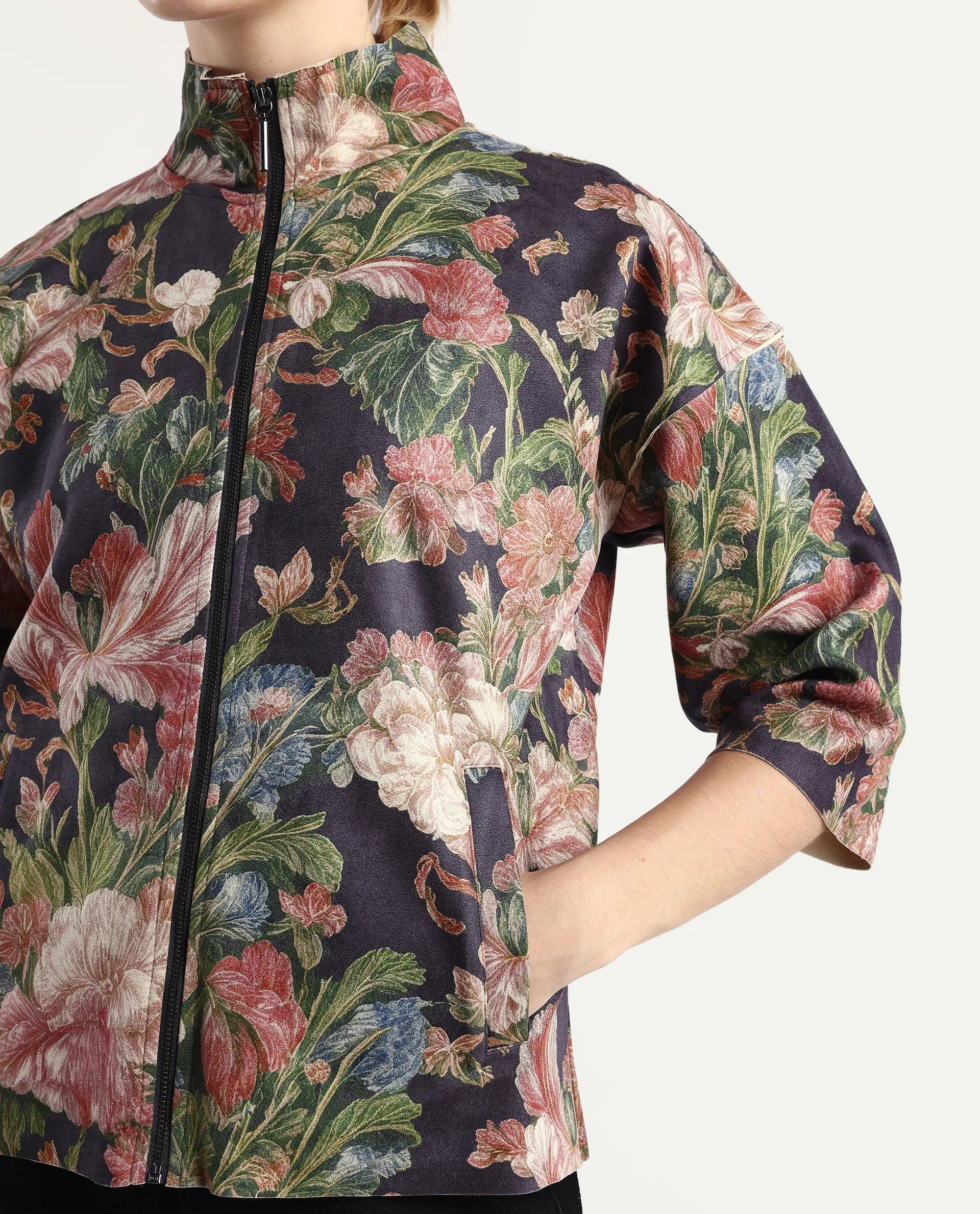 Rareism Women's Varo Grey Polyester Blend High Neck Boxy Fit Jacket