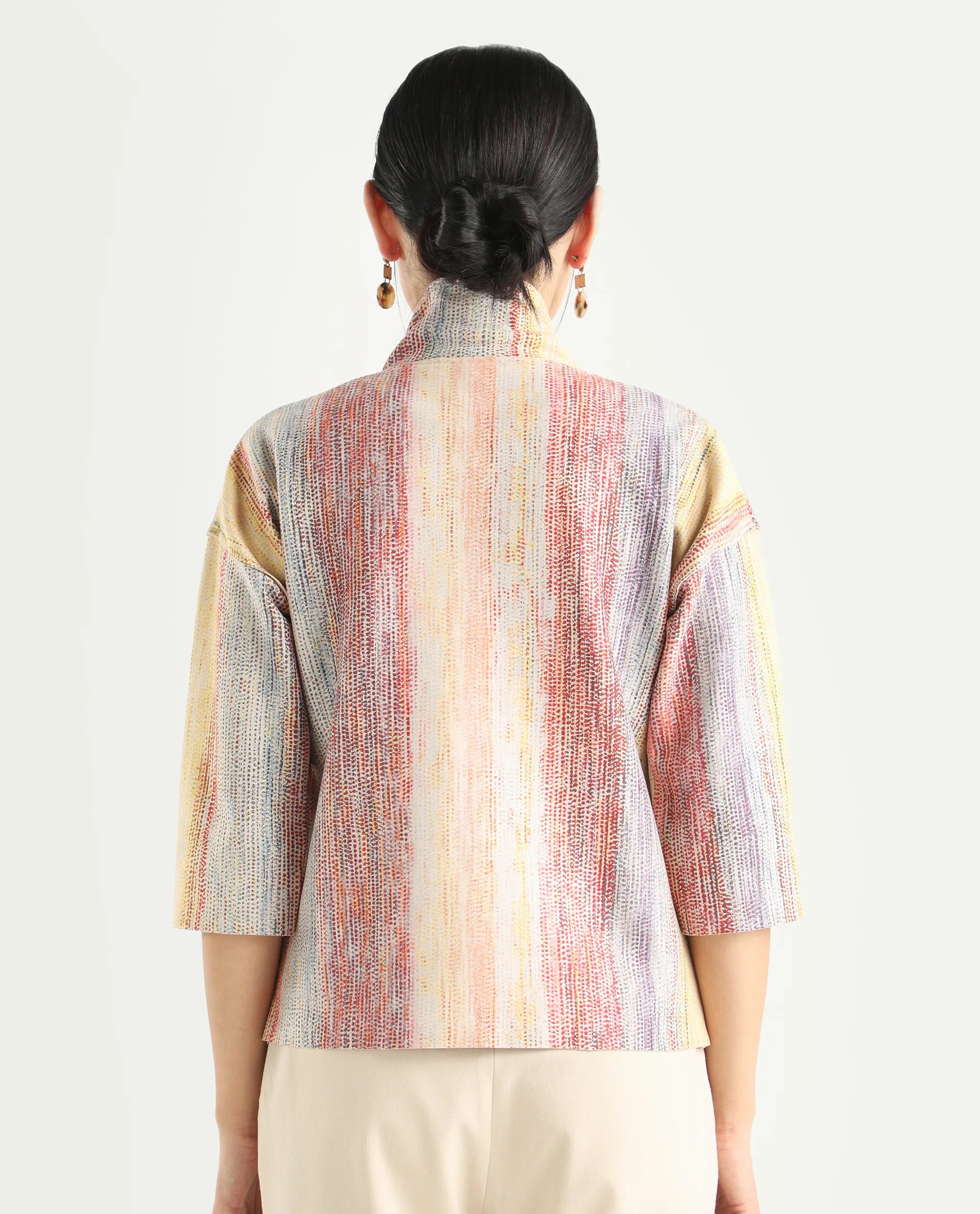 Rareism Women's Vasa Light Multi Suede Stand Collar Abstract Print Boxy Fit Jacket