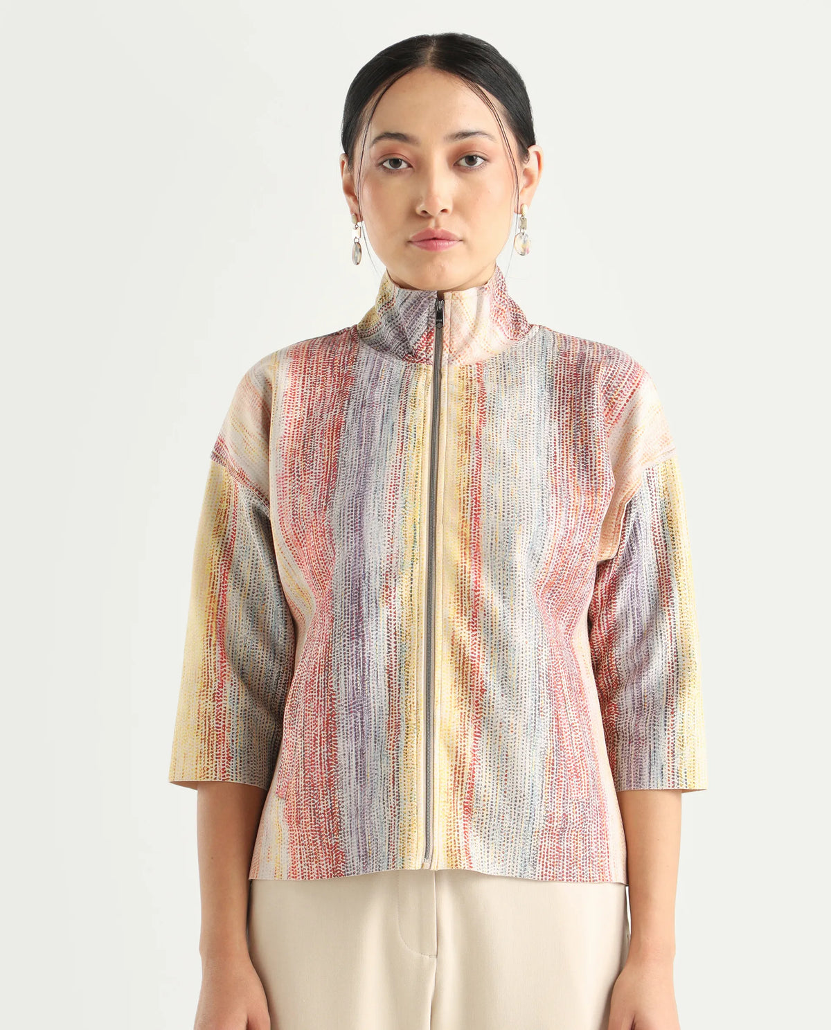 Rareism Women's Vasa Light Multi Polyester Blend Stand Collar Abstract Print Boxy Fit Jacket