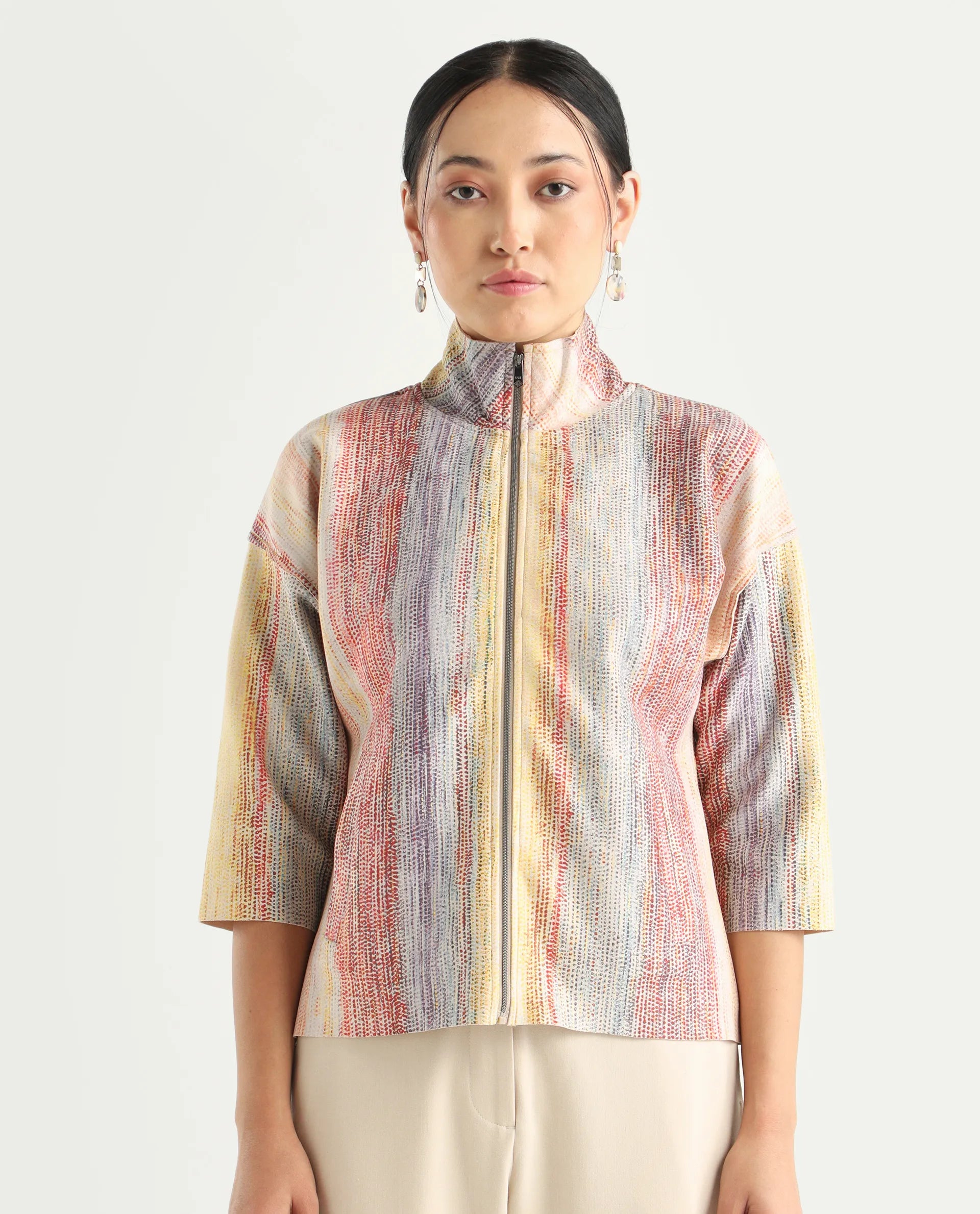 Rareism Women's Vasa Light Multi Suede Stand Collar Abstract Print Boxy Fit Jacket