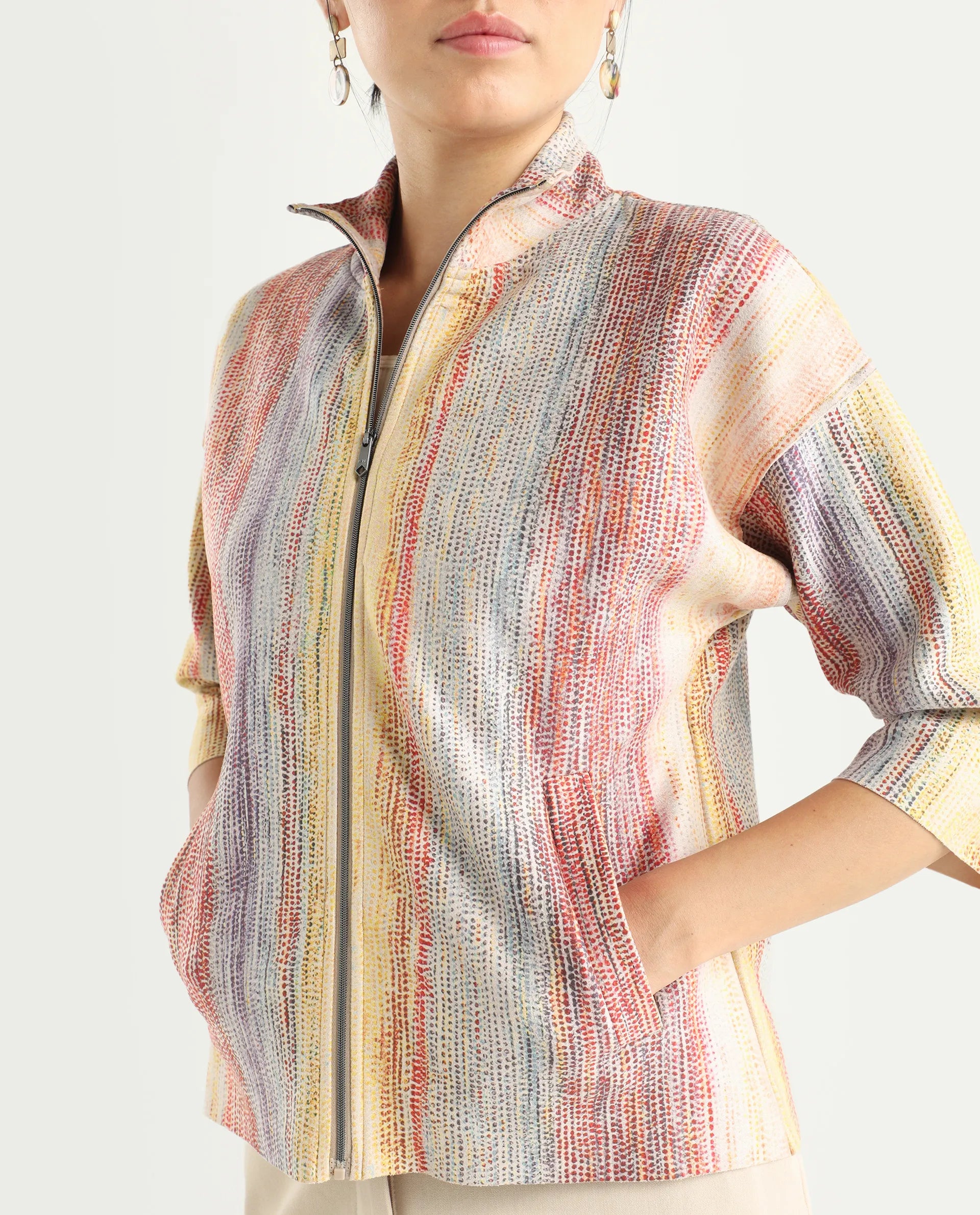 Rareism Women's Vasa Light Multi Suede Stand Collar Abstract Print Boxy Fit Jacket