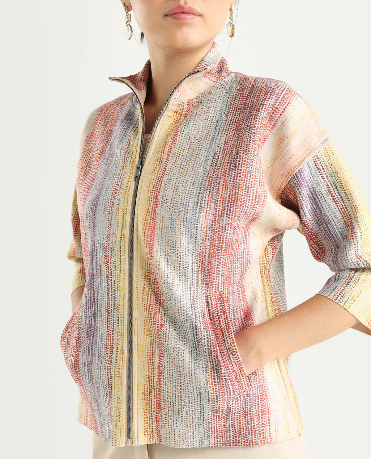 Rareism Women's Vasa Light Multi Polyester Blend Stand Collar Abstract Print Boxy Fit Jacket